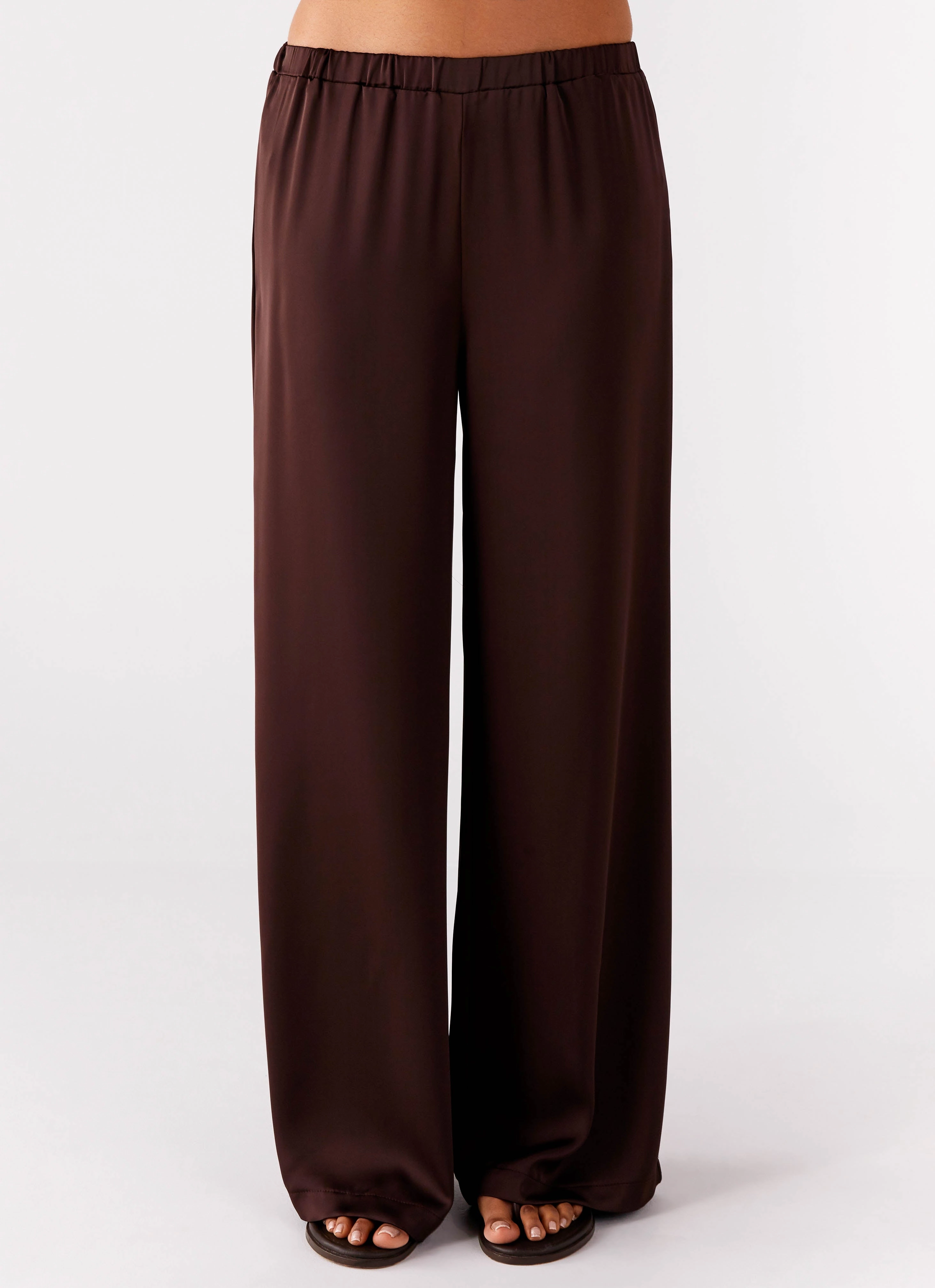 Palm Cove Satin Pants - Chocolate Simple Styling Push Button Closure