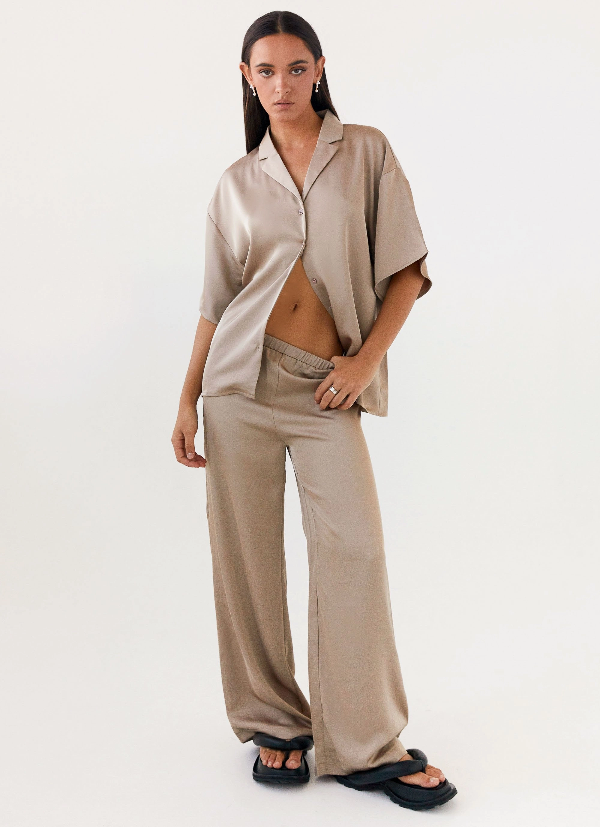 SecureZipperClosures Cozy Stretch Fit Palm Cove Satin Pants - Mushroom