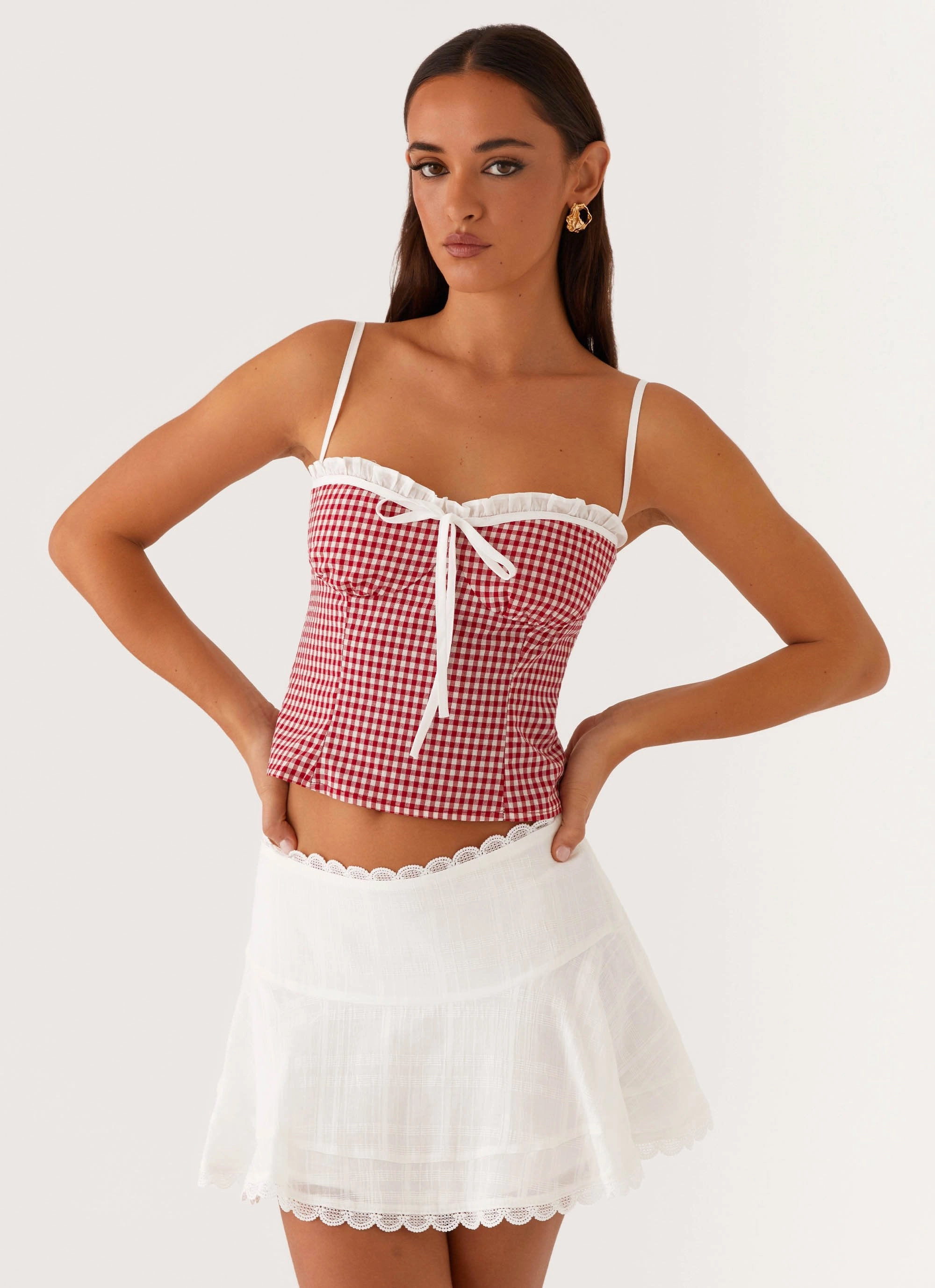 Stretchable Waistband Cooling Technology Palmer Ruffle Bustier Top - Red Gingham