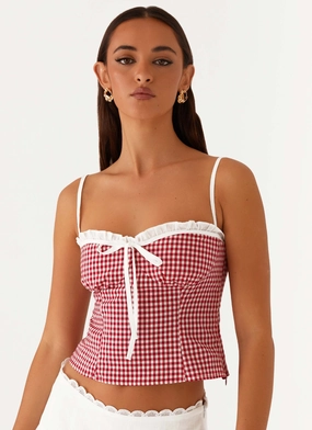 Palmer Ruffle Bustier Top - Red Gingham Lightweight Layering WeightedHem Palmer Ruffle Bustier Top - Red Gingham