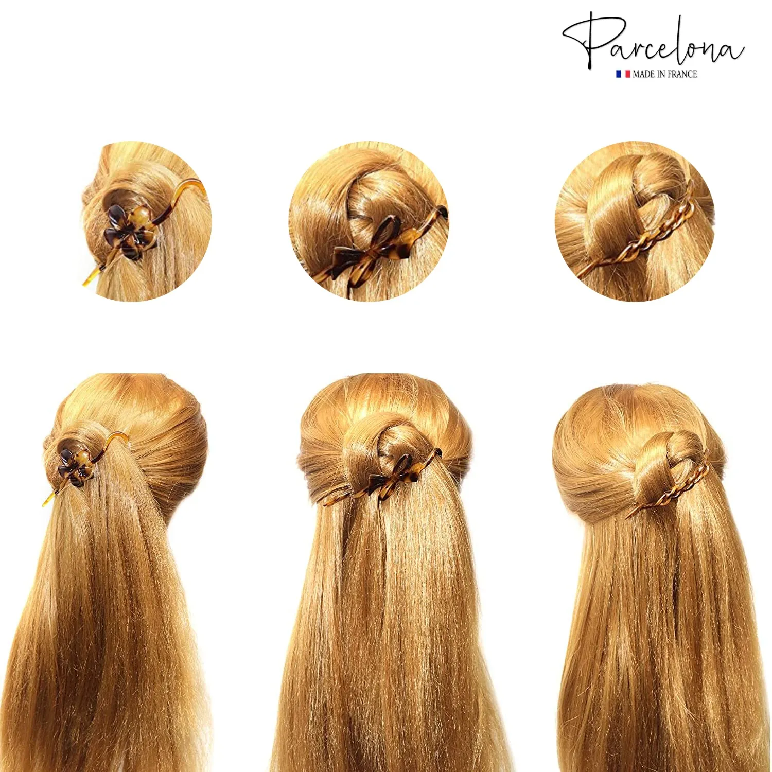Parcelona French Twist n Clip Flower, Bow and Chain Savana Celluloid Acetate Set of 3 Metal Free Hair Clip Barrettes