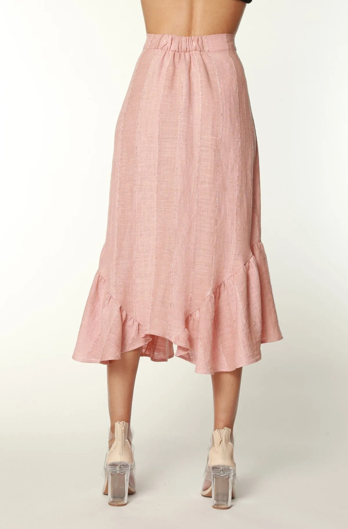 Blush Flounced Linen Midi Skirt Smooth Finish Sophisticated Casual
