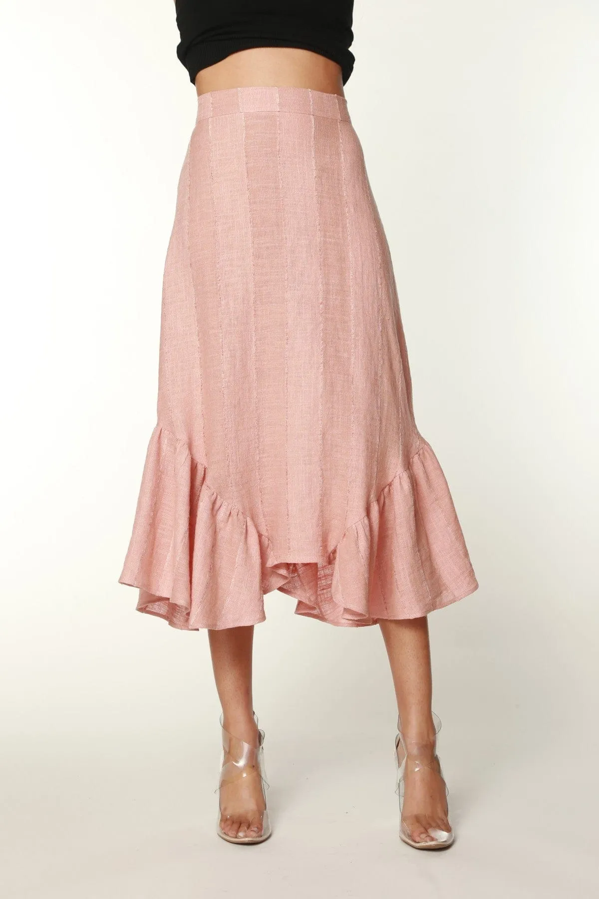 Blush Flounced Linen Midi Skirt Modern Outfit Minimalist Layering