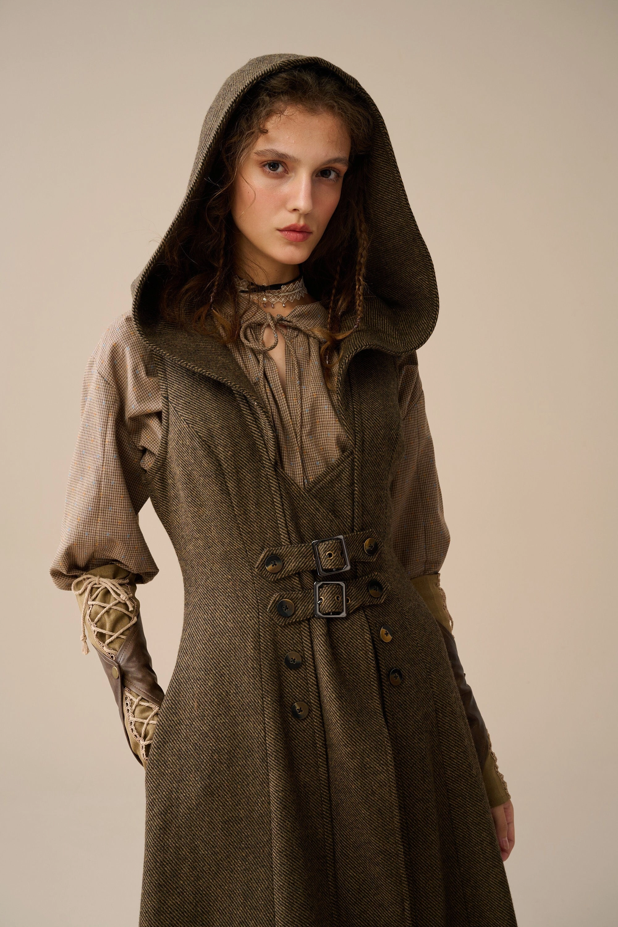 Adjustable Hood Feature Non Irritating Edging Patricia 21| hooded corset wool dress