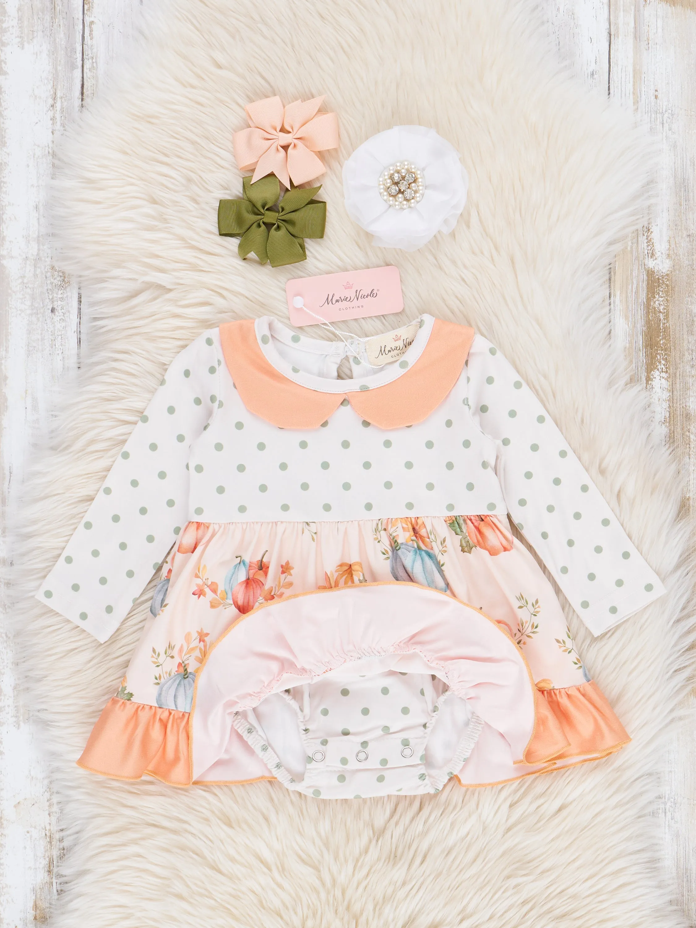 Peach & Green Dots Floral Pumpkins Ruffle Bubble