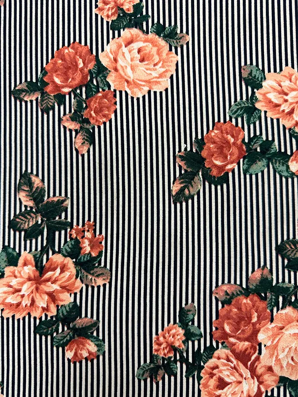 Peach Floral Black Stripe Print Double Brushed Jersey Knit Fabric