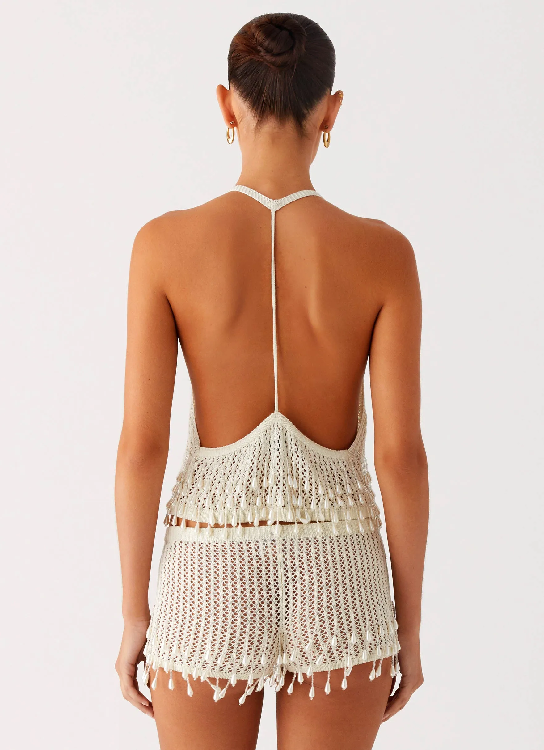 ResilientElasticBand Pearl Shore Beaded Crochet Mini Shorts - Ivory