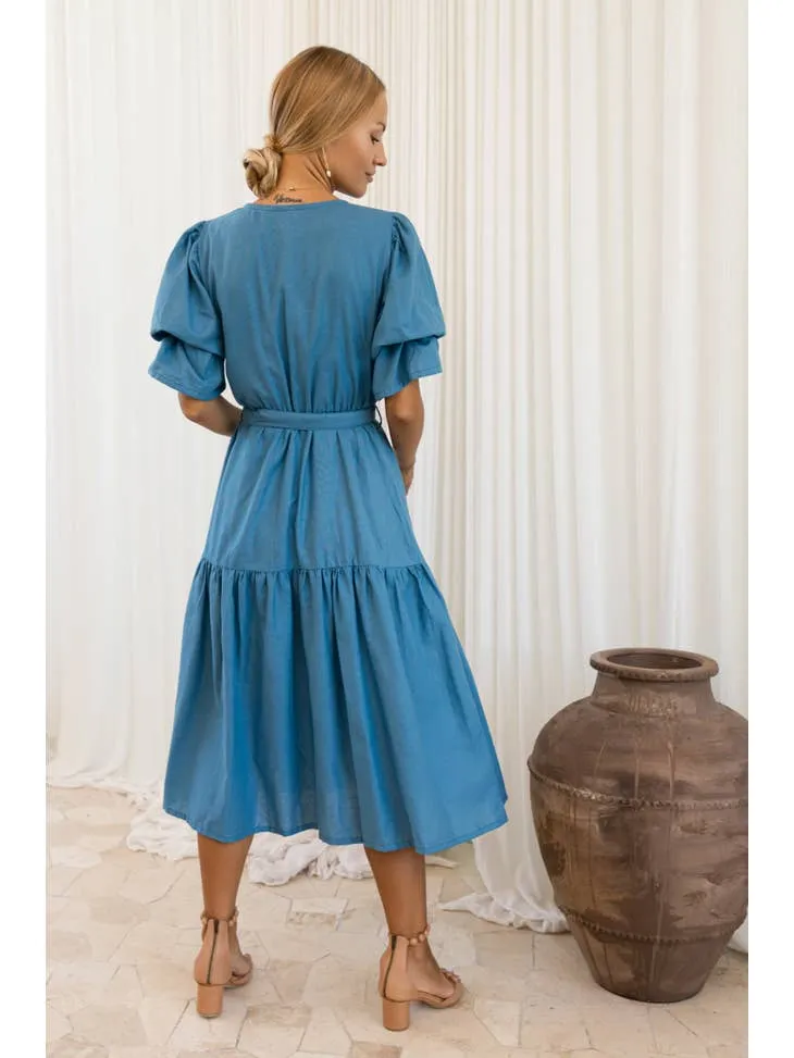 Peony Linen Midi Dress - Persian Blue