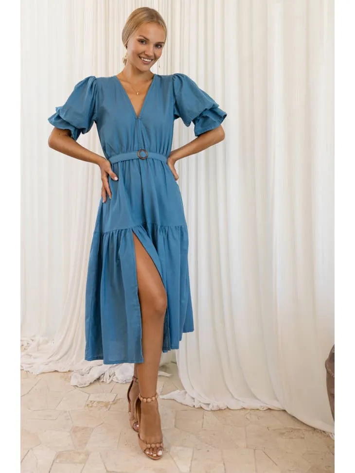 Peony Linen Midi Dress - Persian Blue