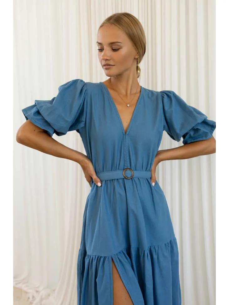 Peony Linen Midi Dress - Persian Blue