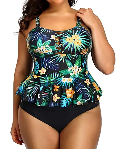 Peplum Tankini Tops And High Waisted Swimwear For Women Plus Size Swimsuits-Black Leaf