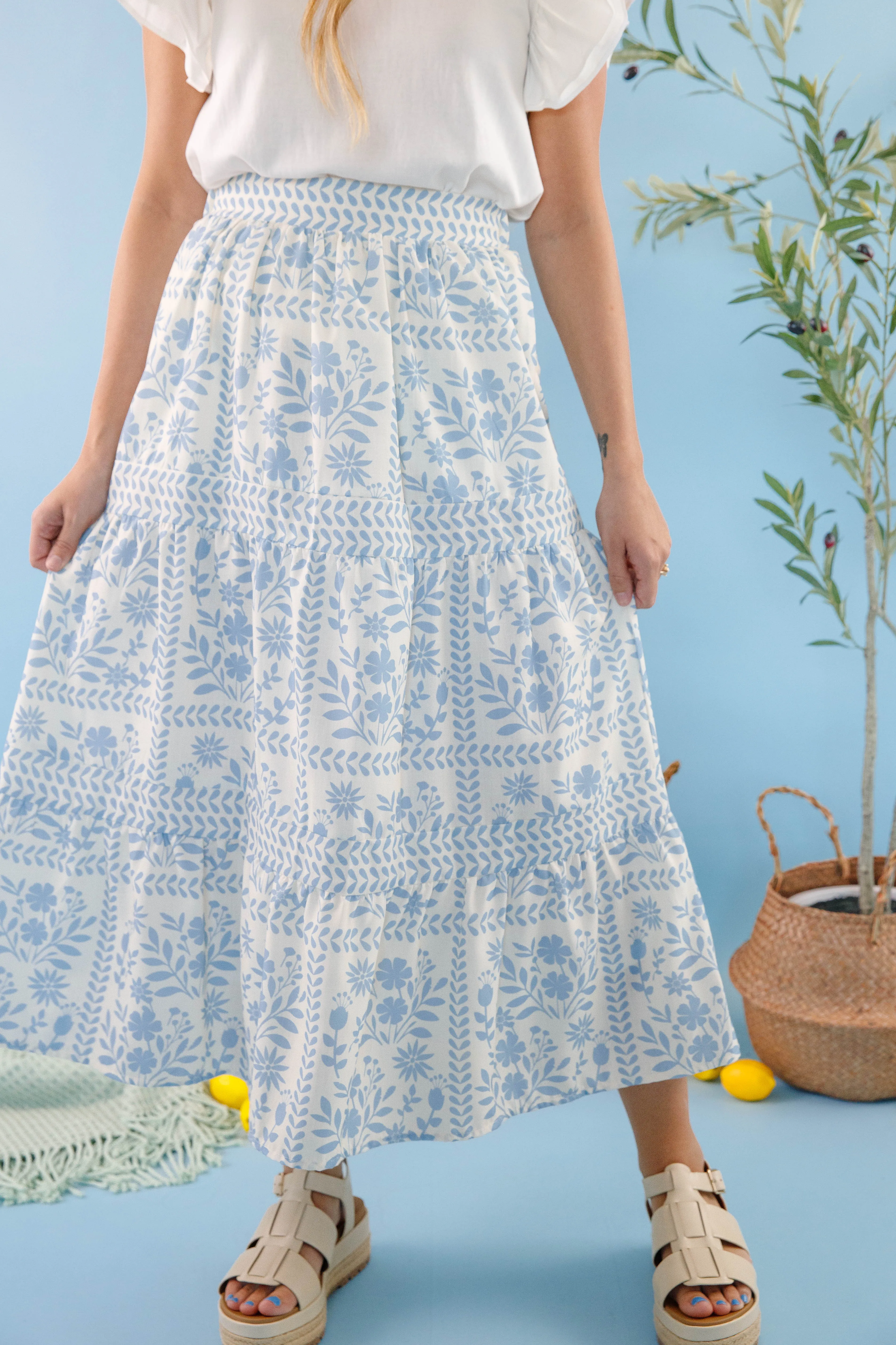 Lots Of Happiness Midi Skirt-Sky Blue FlexibleKnees Stretch Fit