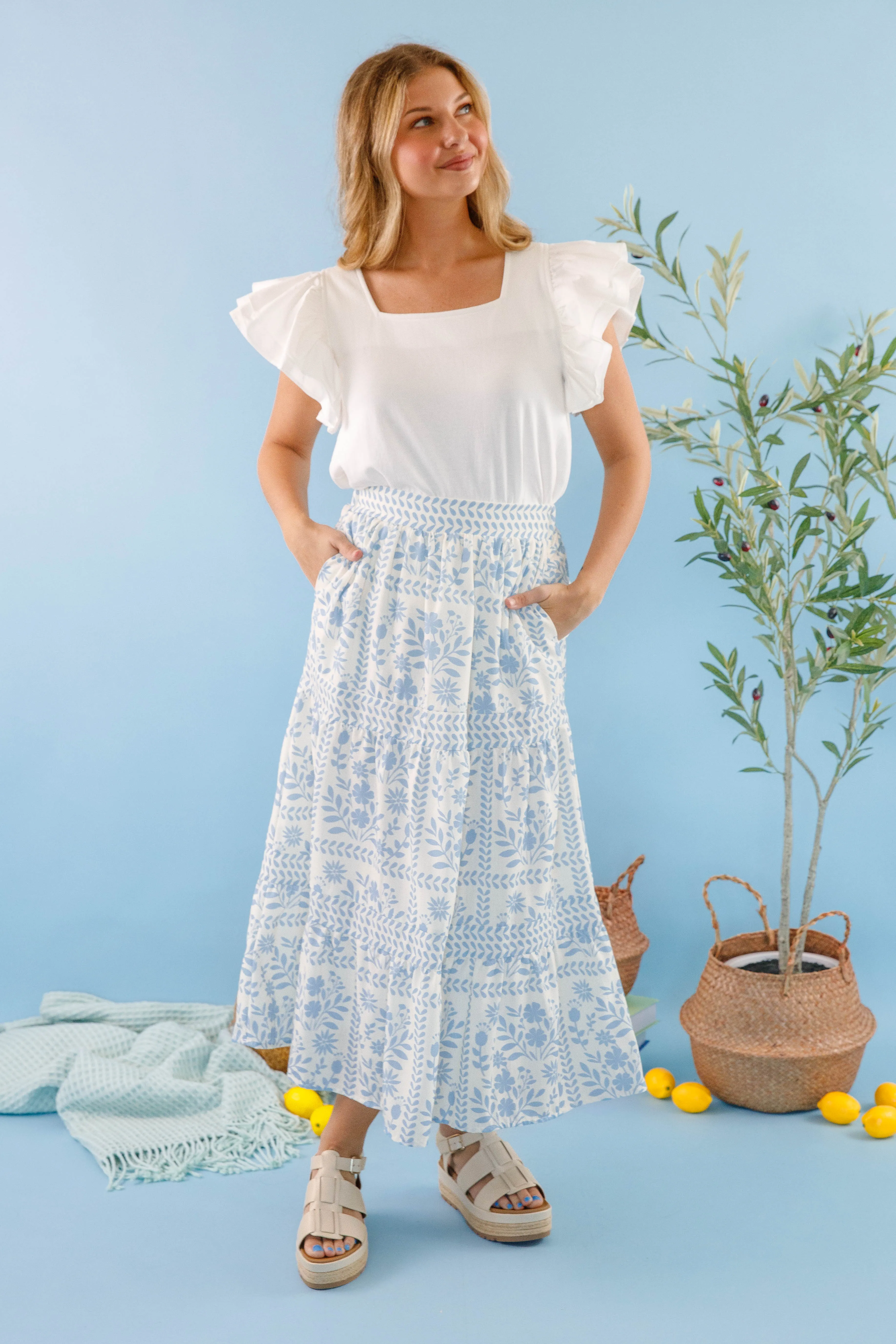 Lots Of Happiness Midi Skirt-Sky Blue Supportive Waistband