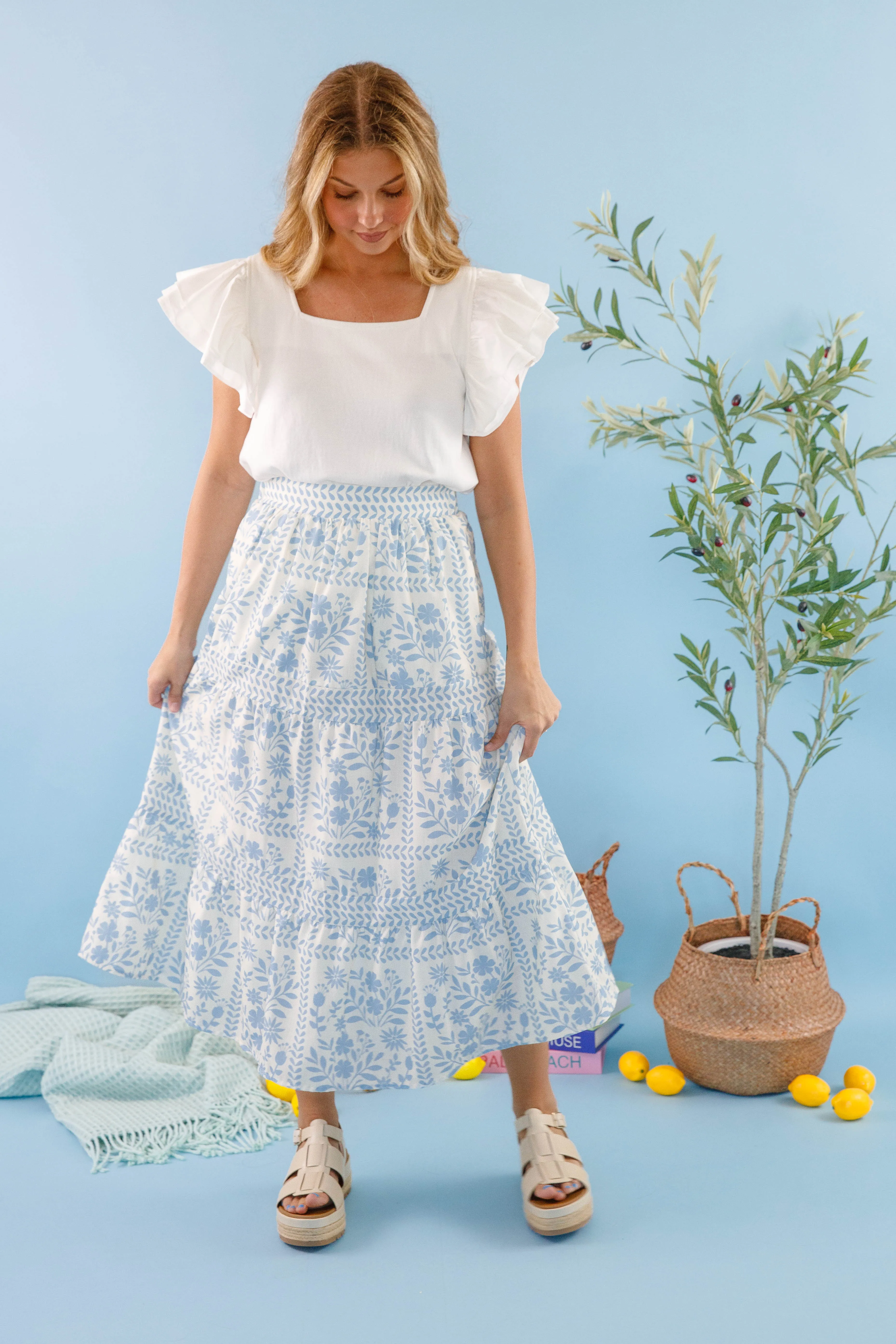Multi-Purpose Wear Casual Chic Lots Of Happiness Midi Skirt-Sky Blue