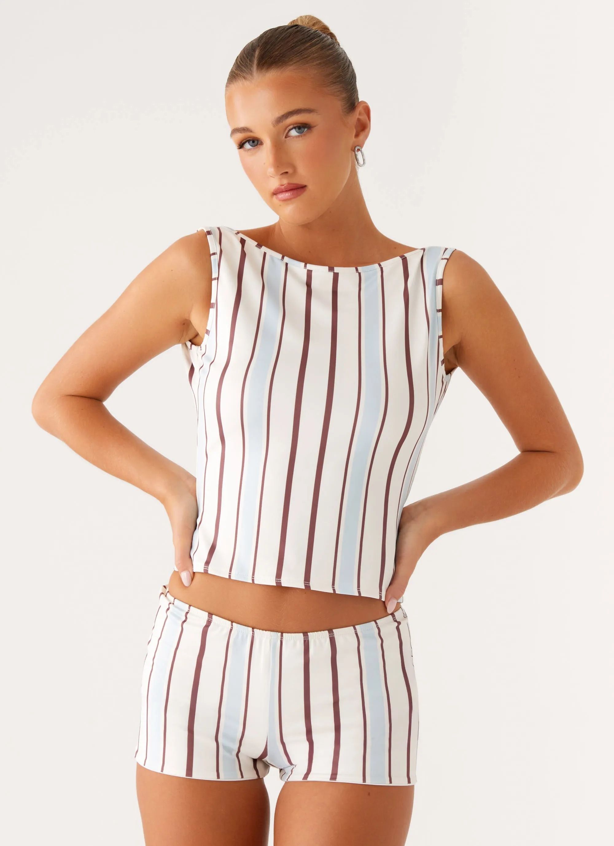 Plaid detail Sun's Out Low Rise Mini Shorts - Blue Stripe