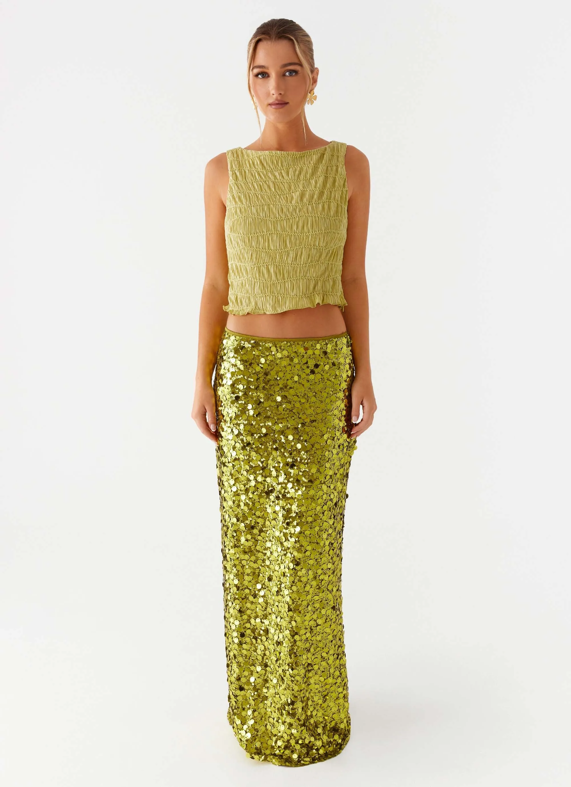 Perfect Places Low Rise Sequin Maxi Skirt - Olive Anti Pilling Finish