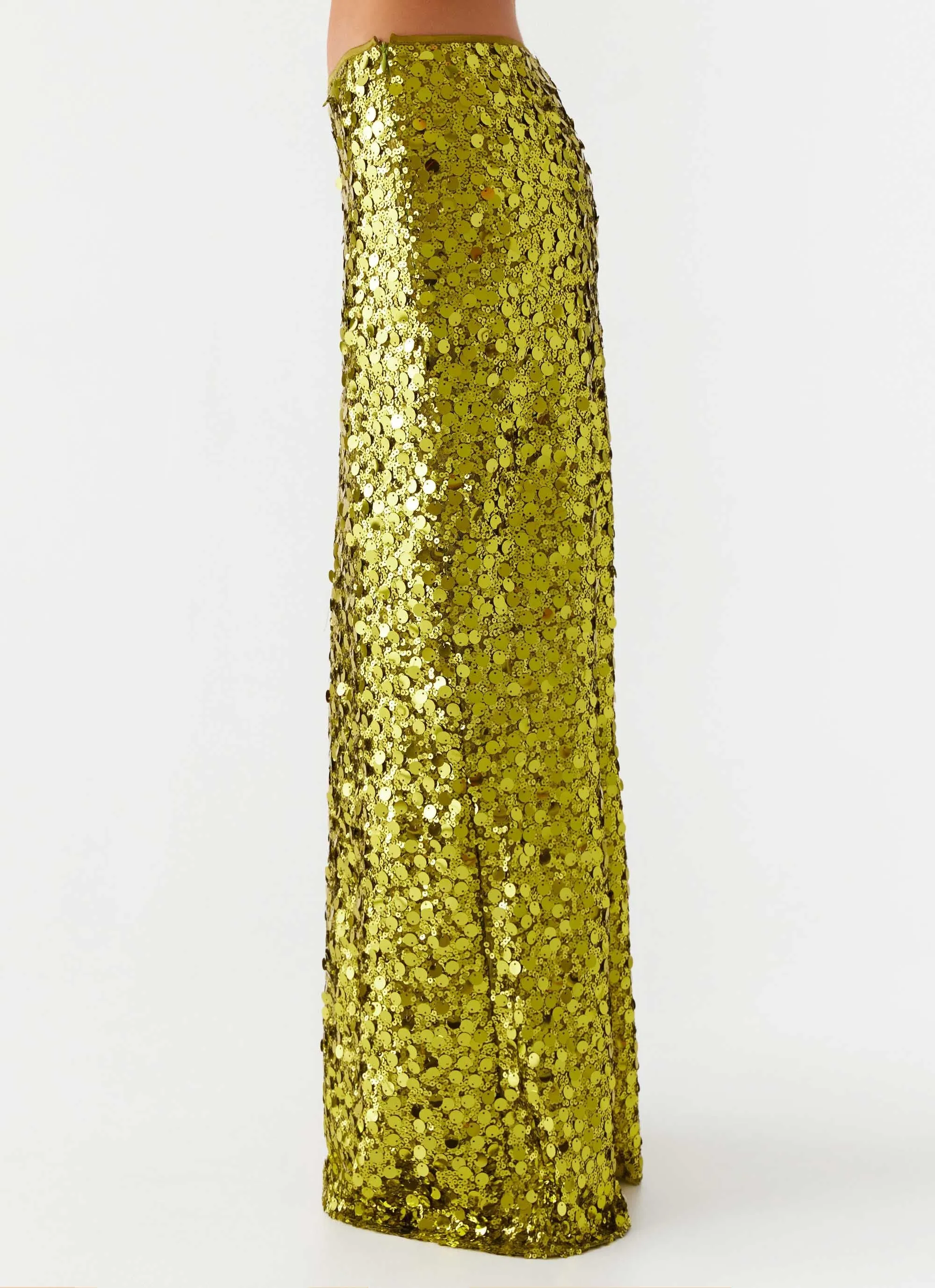 Perfect Places Low Rise Sequin Maxi Skirt - Olive WrinkleFreeFabric Versatile Fit