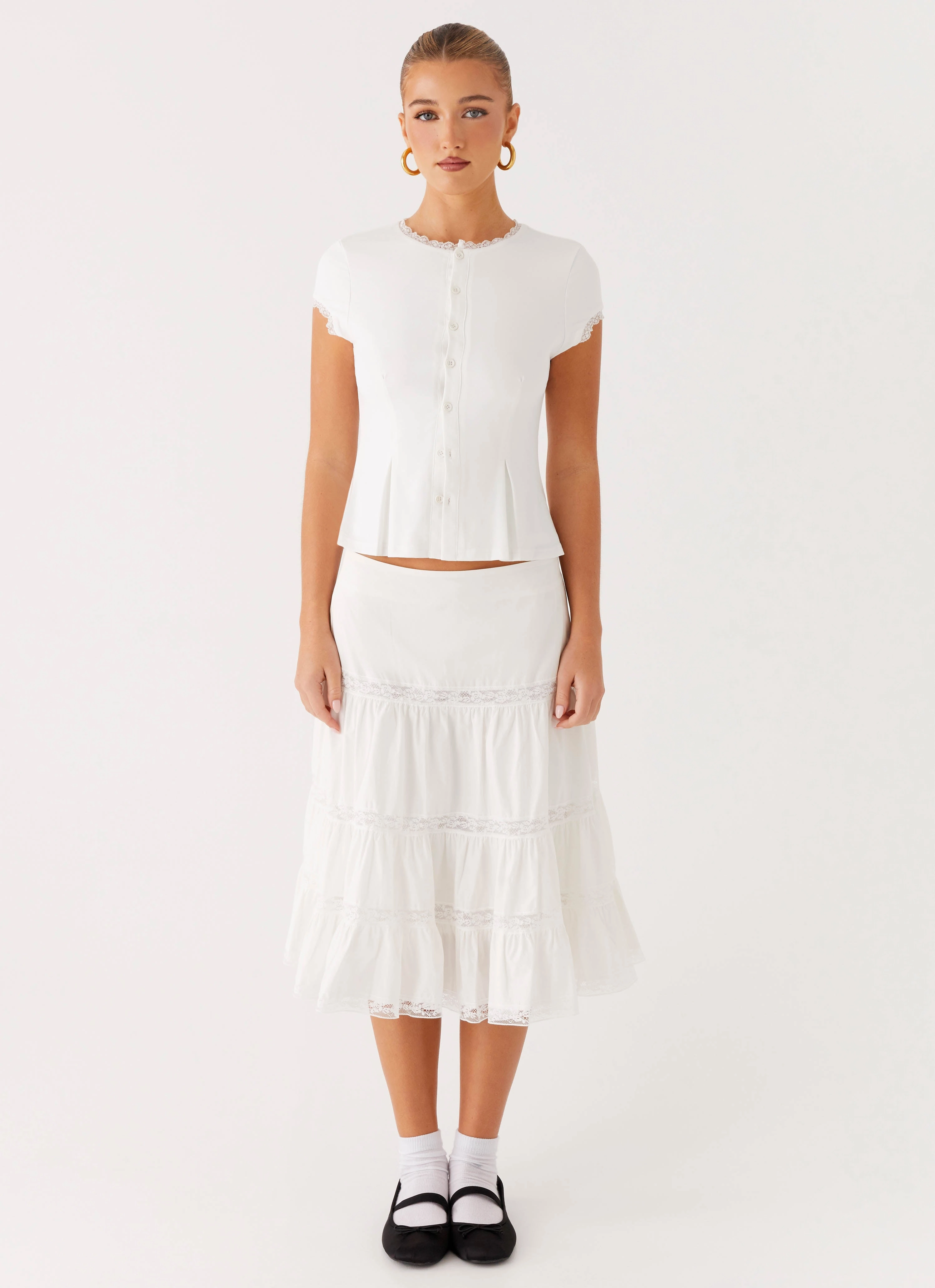 Good Vibes Midi Skirt - White Anti Slip Waistband Cozy Touch