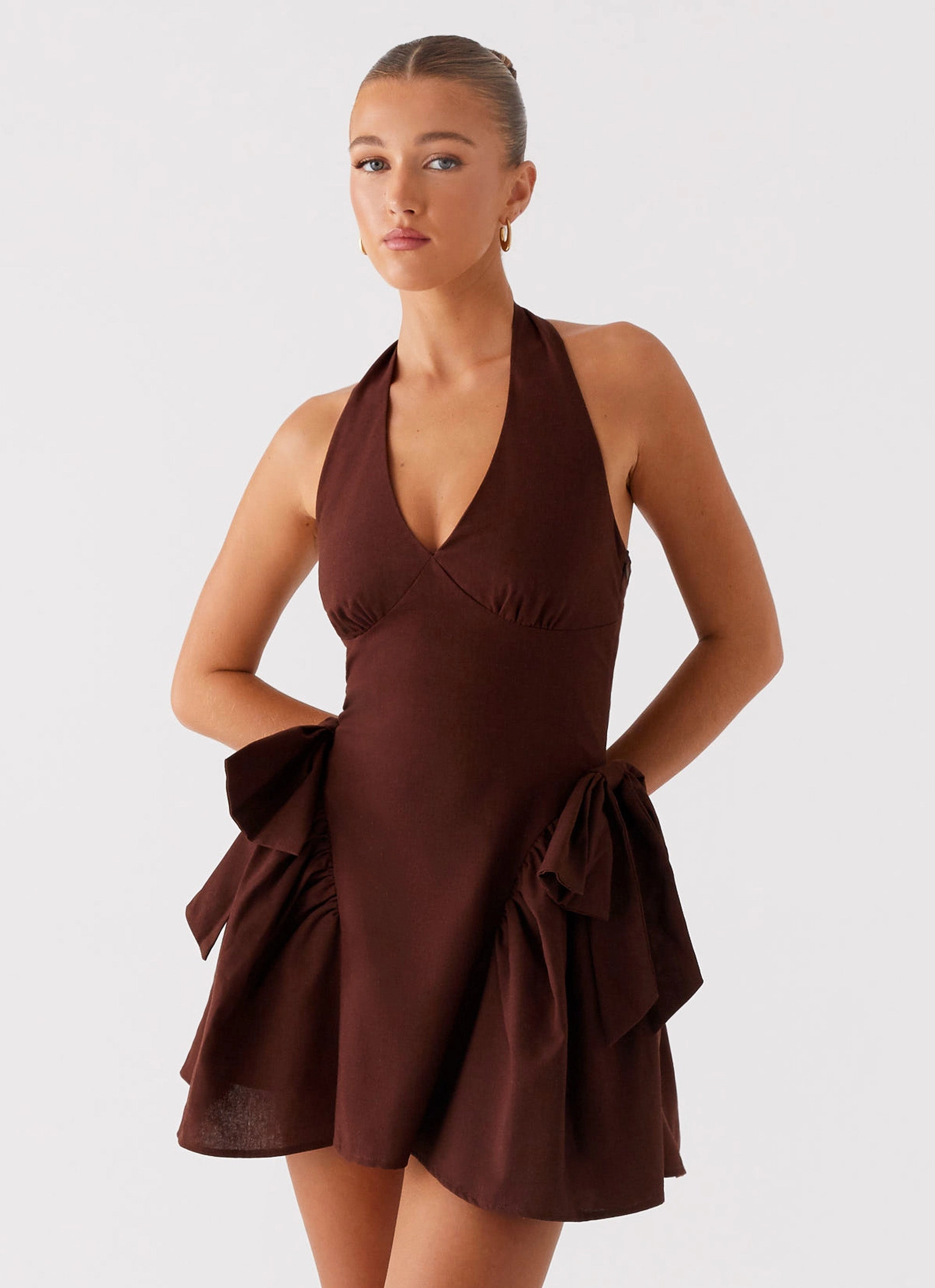 Frayed-Edge StretchableKnit Avalo Mini Dress - Chocolate