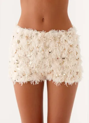 Perfectly Crafted Candy Sequin Mini Shorts - White Comfortable Fabric Layered Comfort Candy Sequin Mini Shorts - White