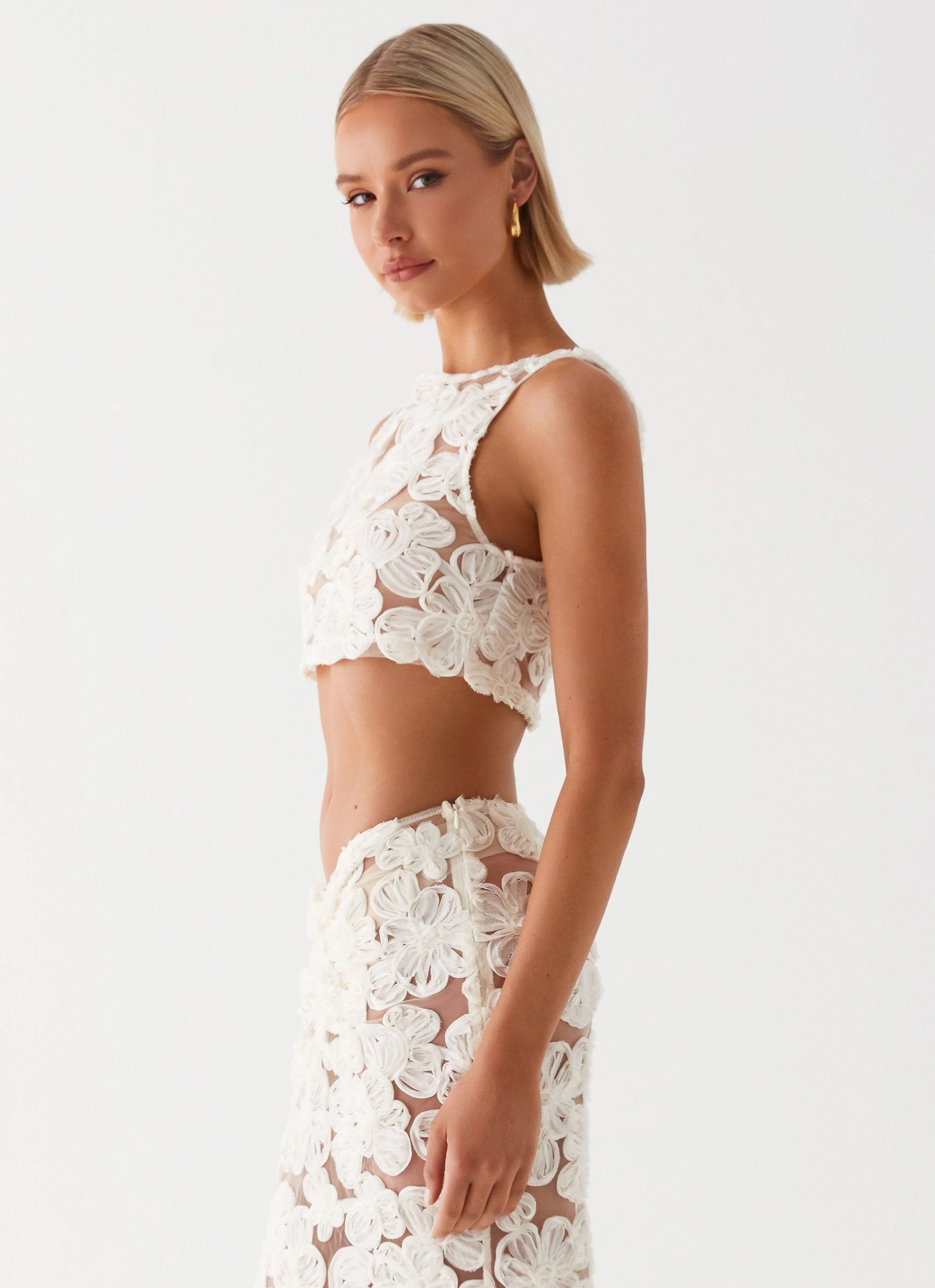 Fiorella Floret Top - Ivory Ribbed Hemline Flatlock Seam Design