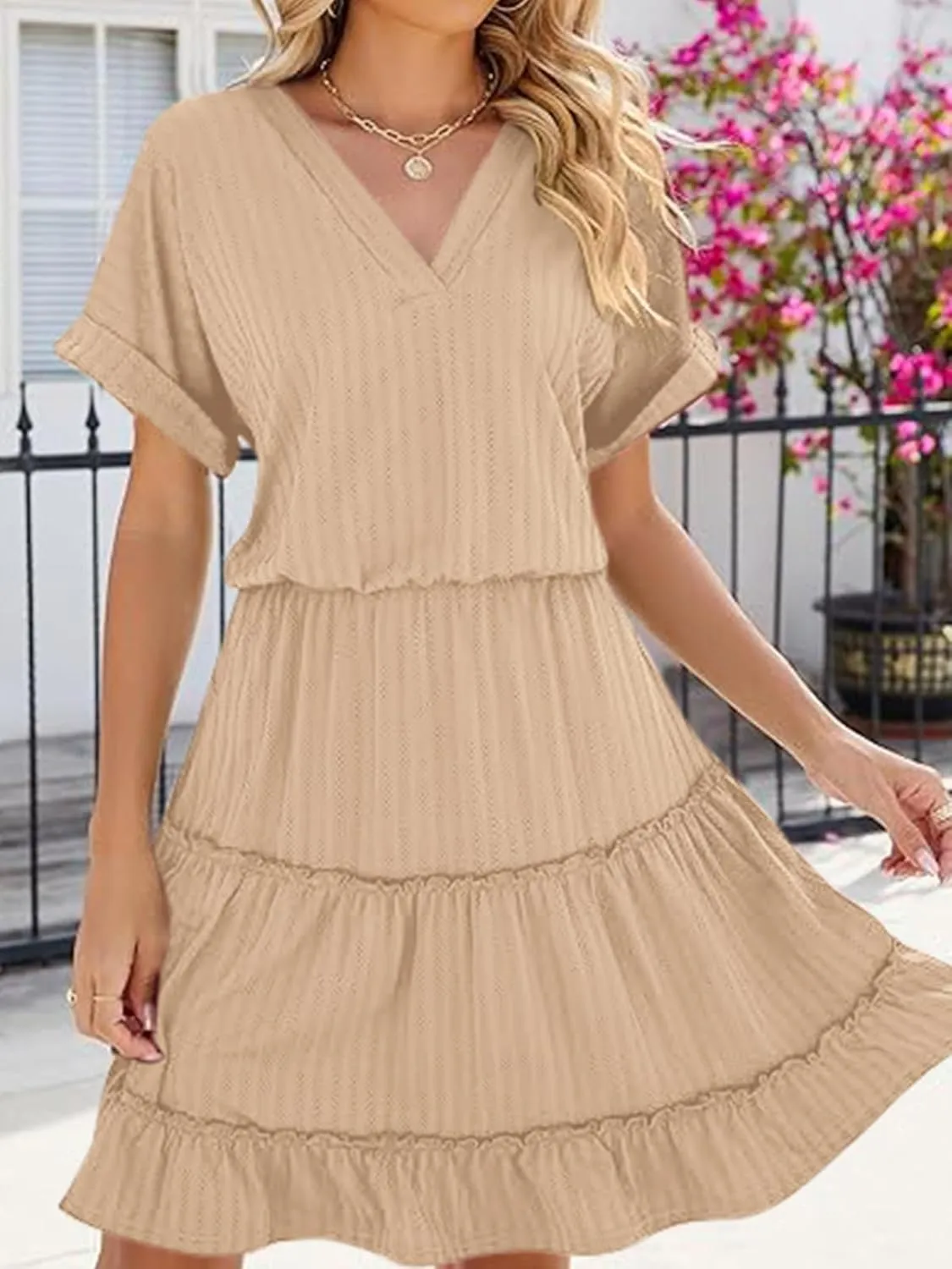 PerZeal Women's Casual V Neck Short Sleeve Tiered Dress Ruffle Hem A-Line Flowy Swing Midi Dresses