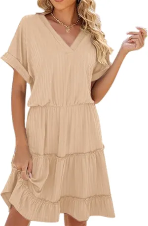 PerZeal Women's Casual V Neck Short Sleeve Tiered Dress Ruffle Hem A-Line Flowy Swing Midi Dresses