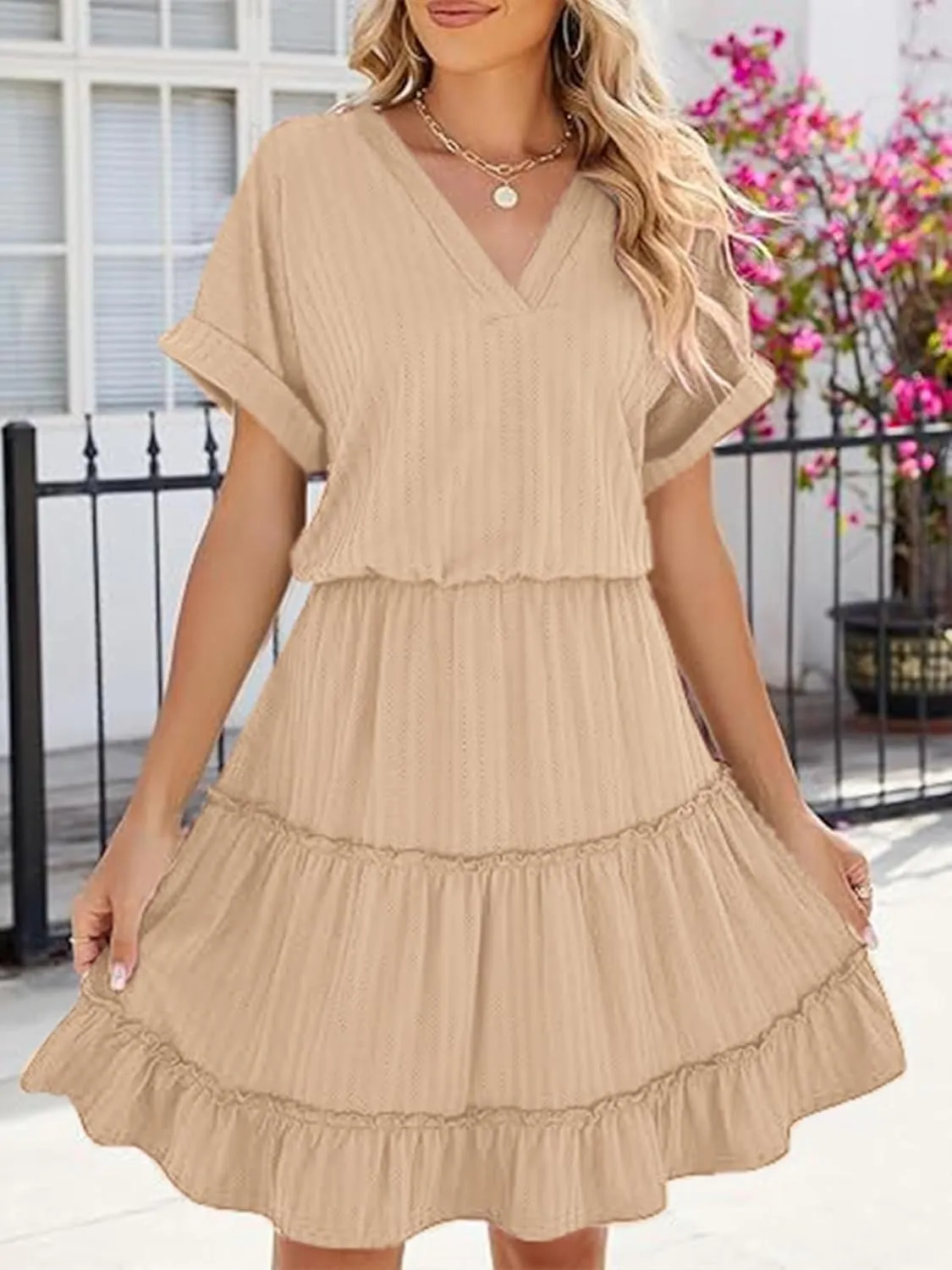 PerZeal Women's Casual V Neck Short Sleeve Tiered Dress Ruffle Hem A-Line Flowy Swing Midi Dresses