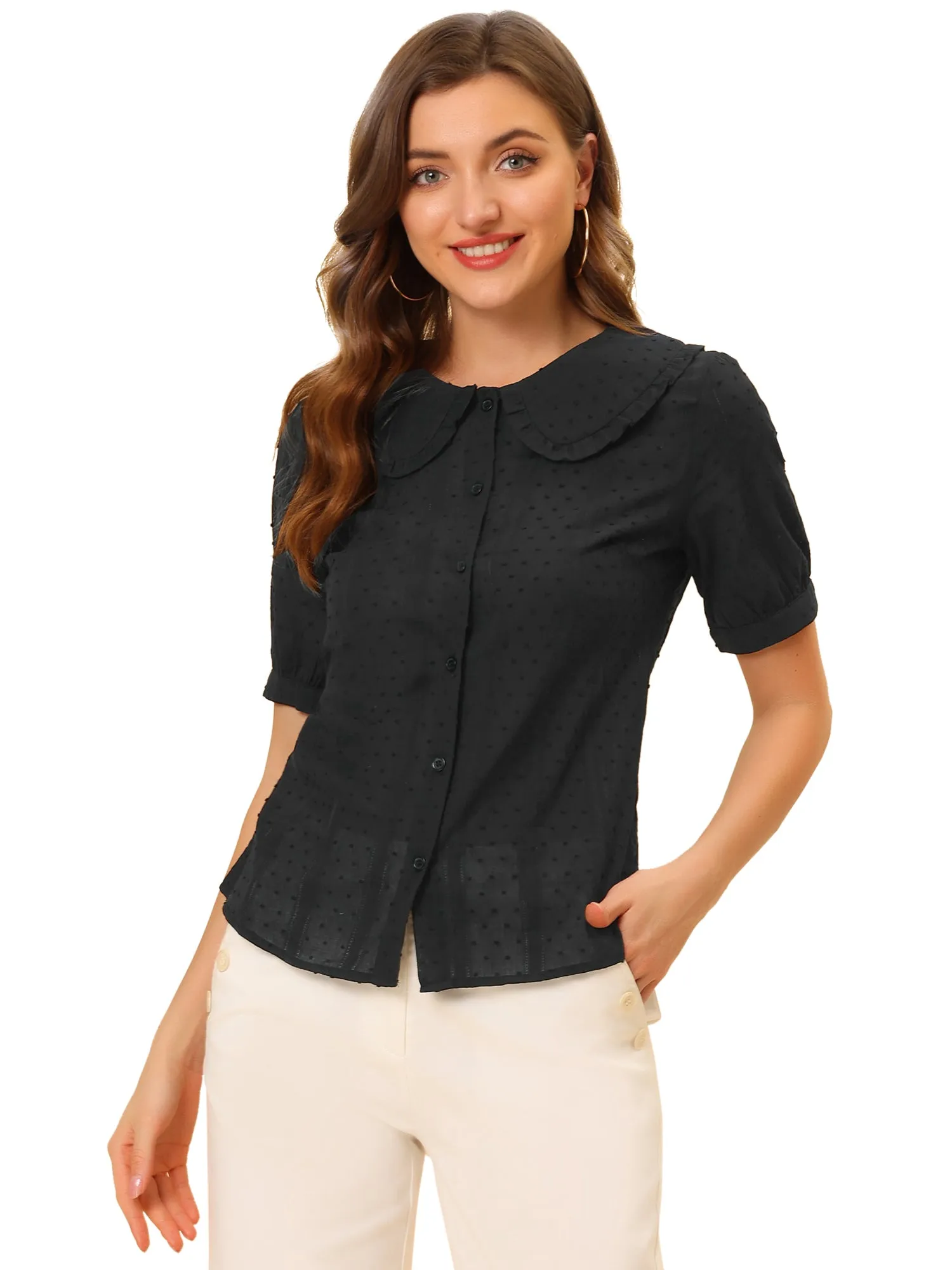 Peter Pan Collar Swiss Dots Short Sleeve Button Front Shirt Blouse