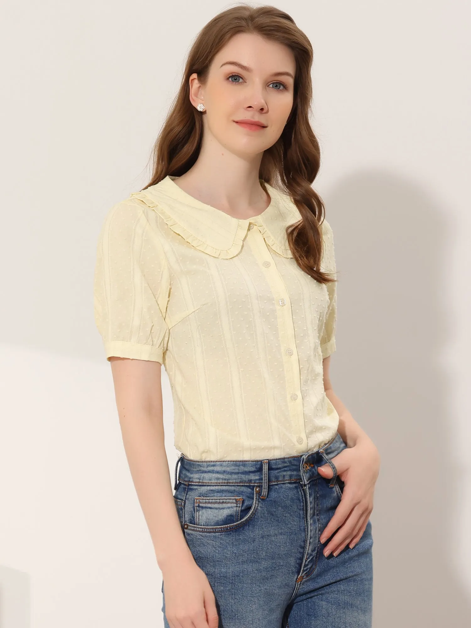 Peter Pan Collar Swiss Dots Short Sleeve Button Front Shirt Blouse