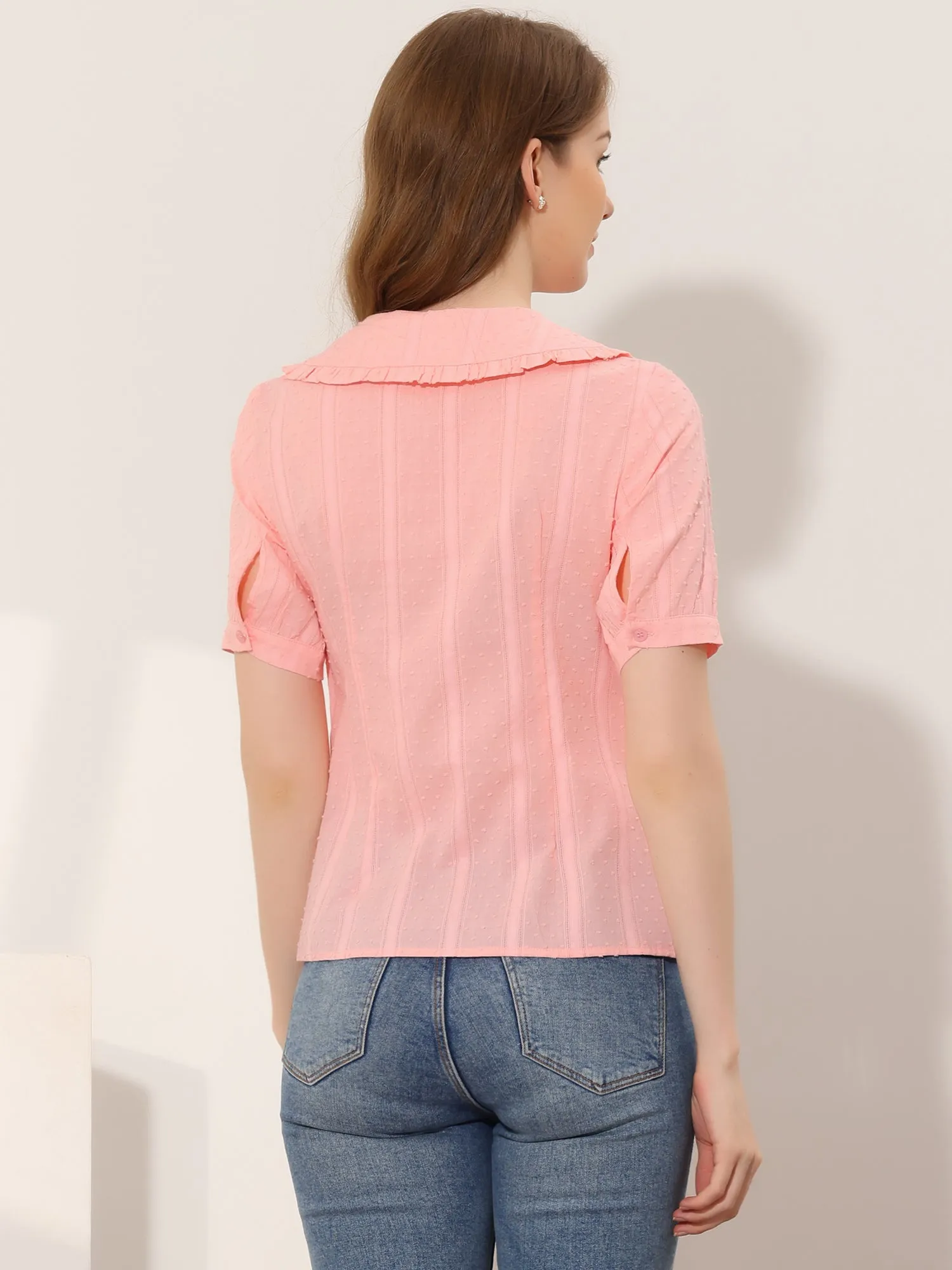 Peter Pan Collar Swiss Dots Short Sleeve Button Front Shirt Blouse