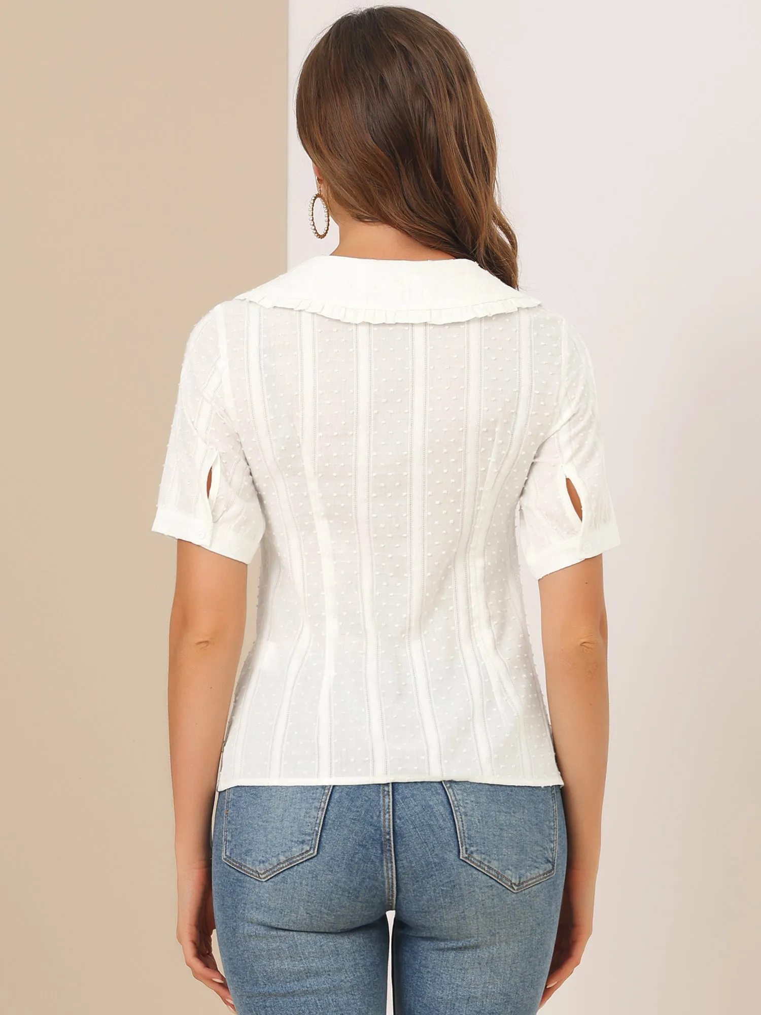 Peter Pan Collar Swiss Dots Short Sleeve Button Front Shirt Blouse