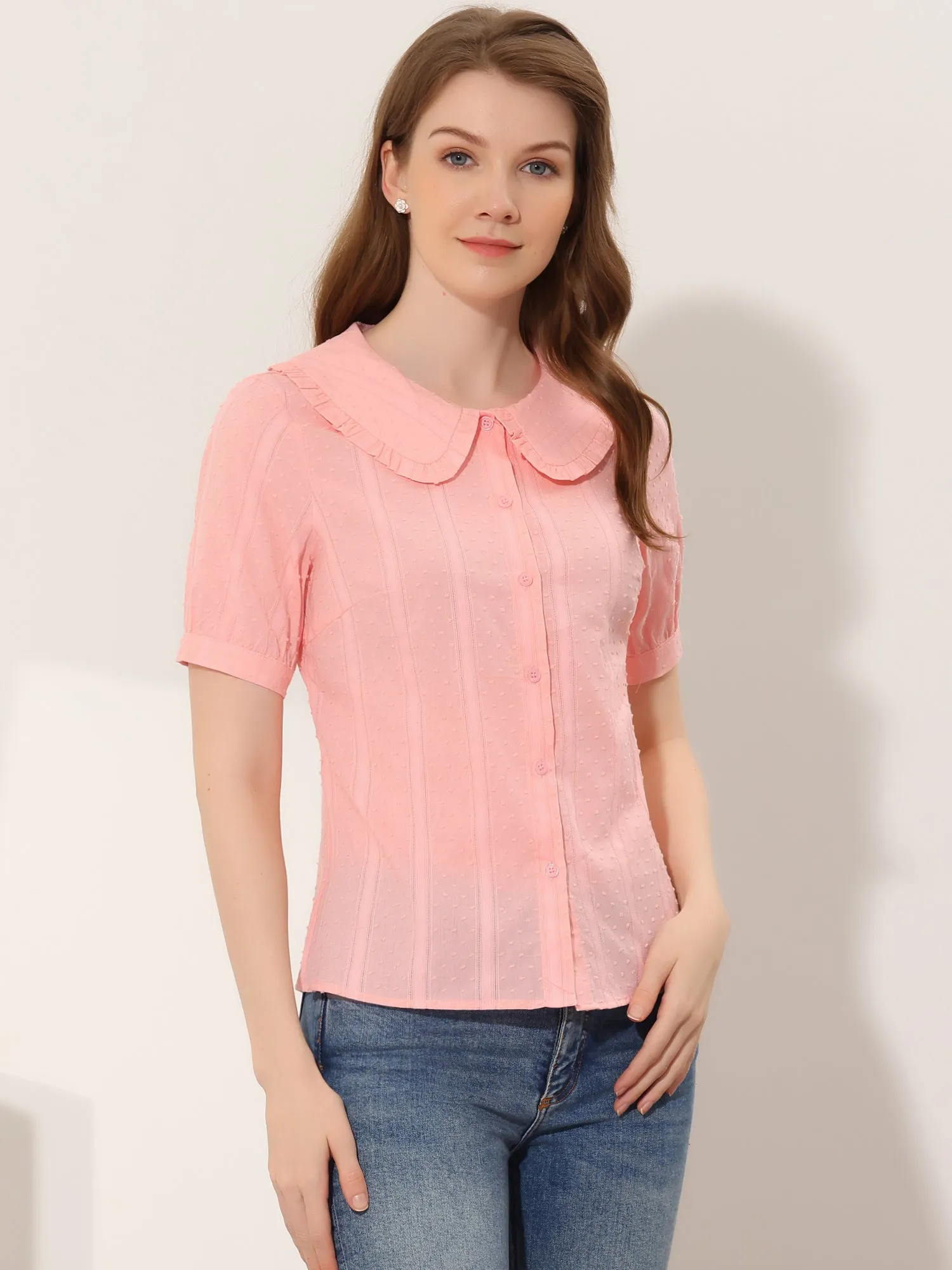 Peter Pan Collar Swiss Dots Short Sleeve Button Front Shirt Blouse