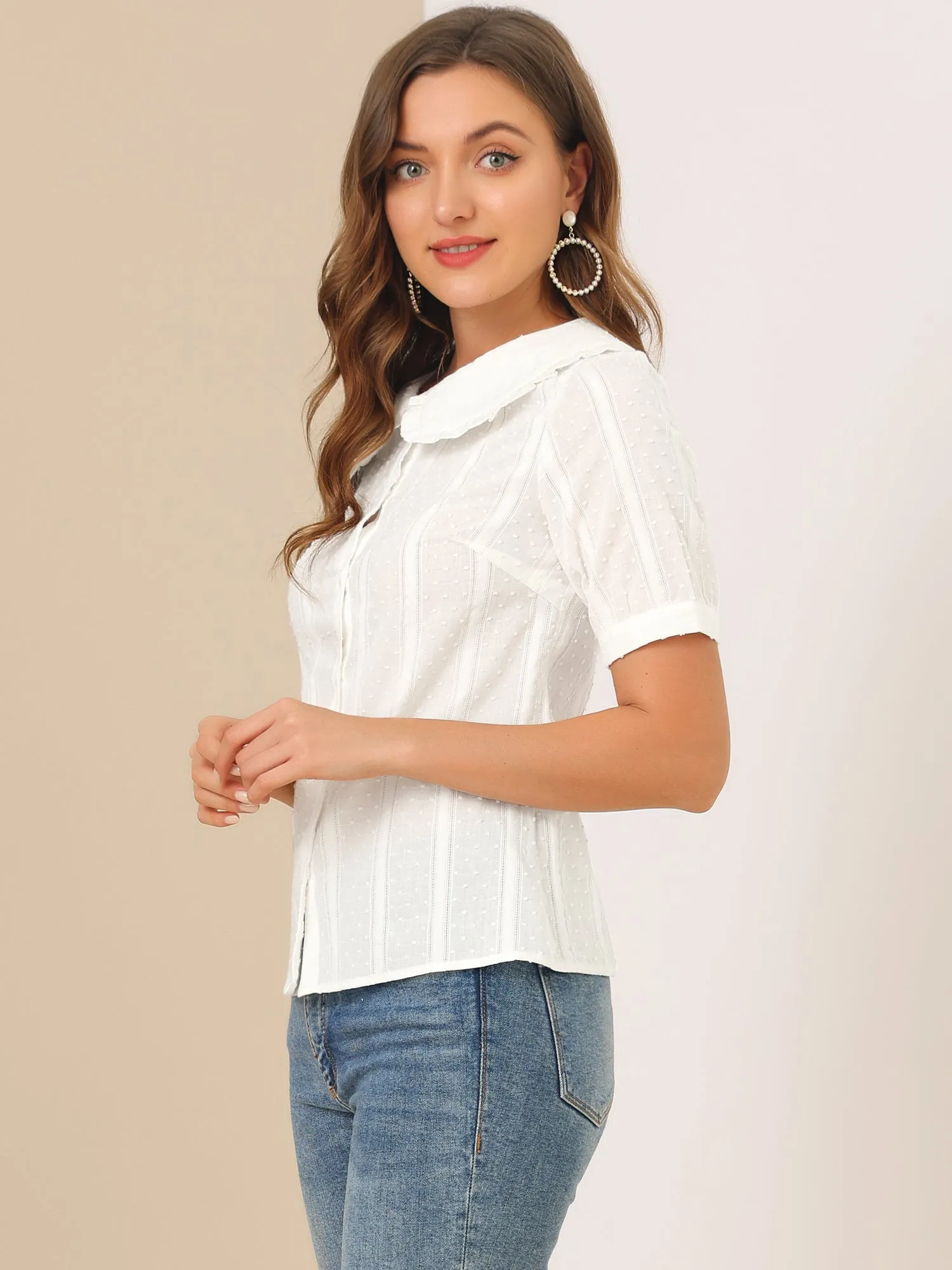 Peter Pan Collar Swiss Dots Short Sleeve Button Front Shirt Blouse