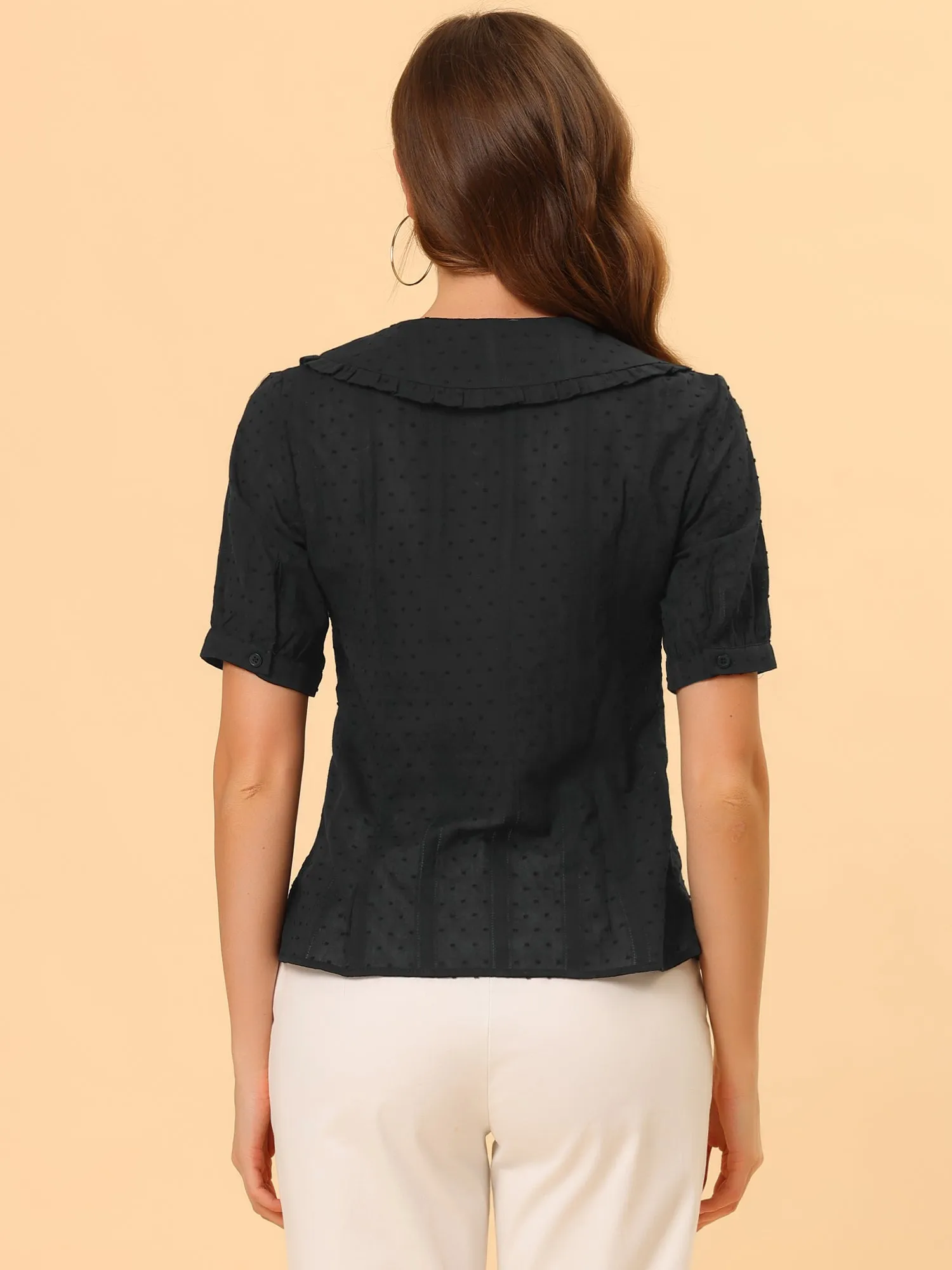 Peter Pan Collar Swiss Dots Short Sleeve Button Front Shirt Blouse