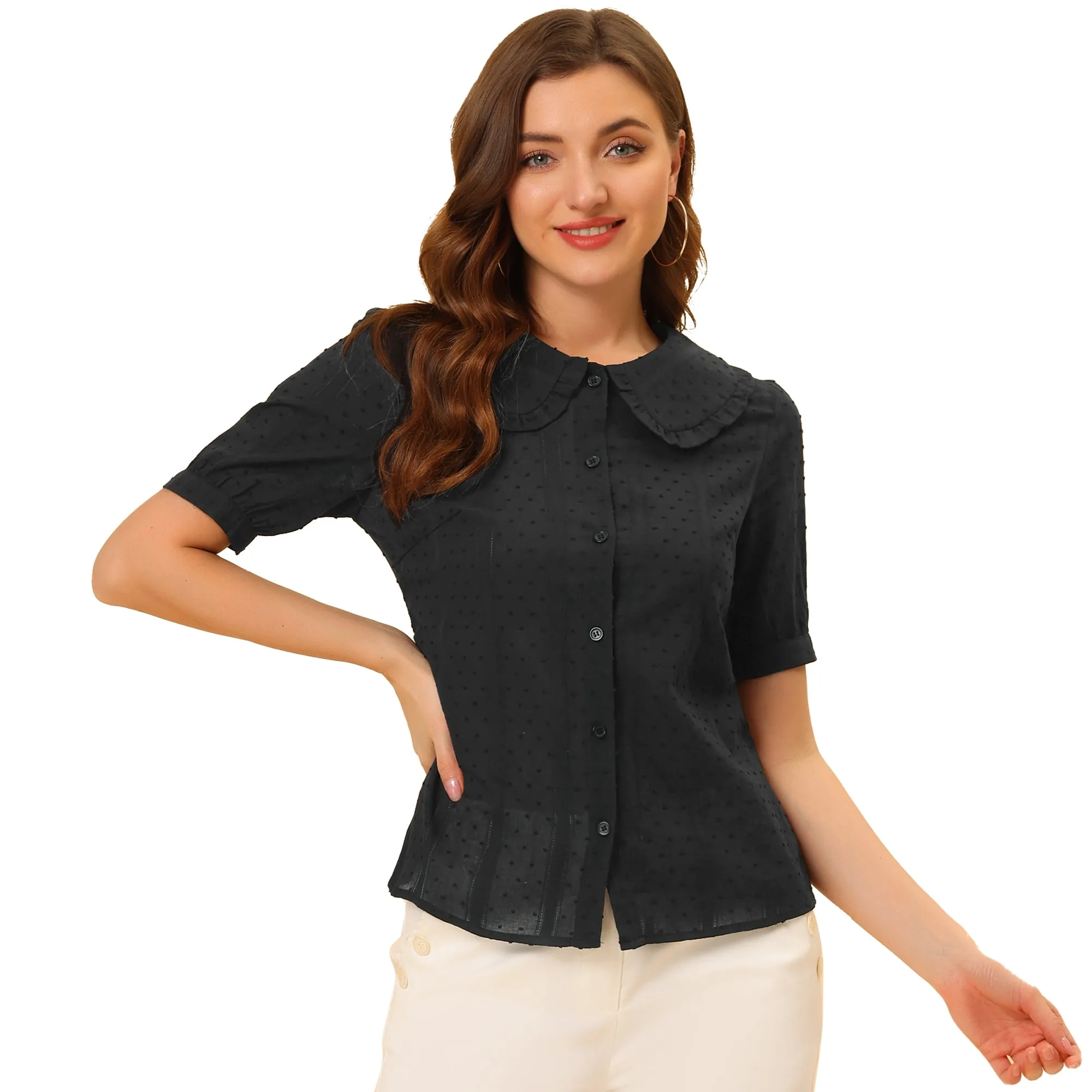 Peter Pan Collar Swiss Dots Short Sleeve Button Front Shirt Blouse