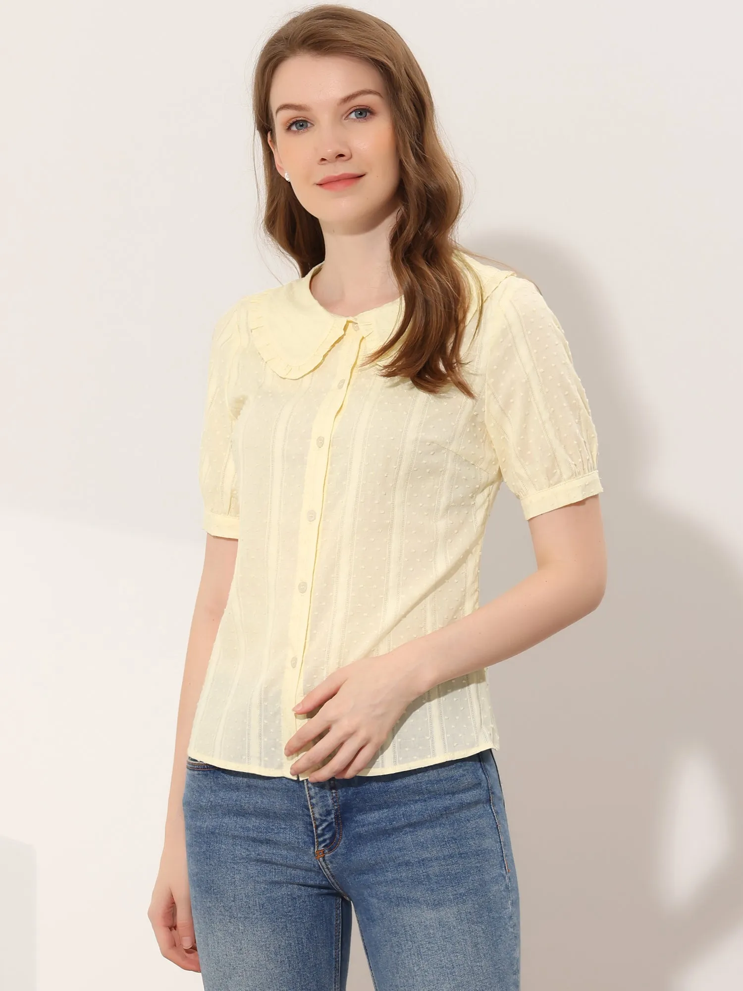 Peter Pan Collar Swiss Dots Short Sleeve Button Front Shirt Blouse