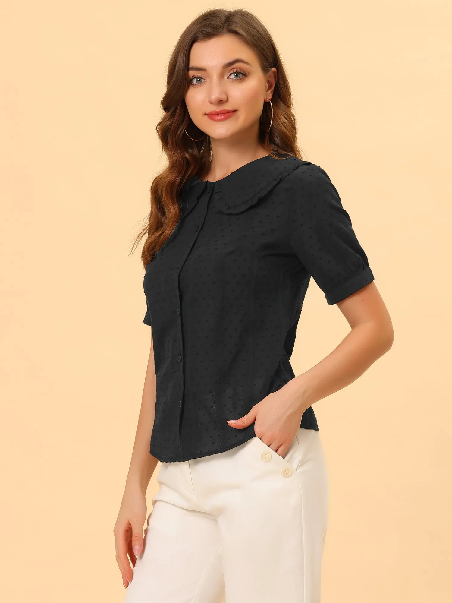 Peter Pan Collar Swiss Dots Short Sleeve Button Front Shirt Blouse