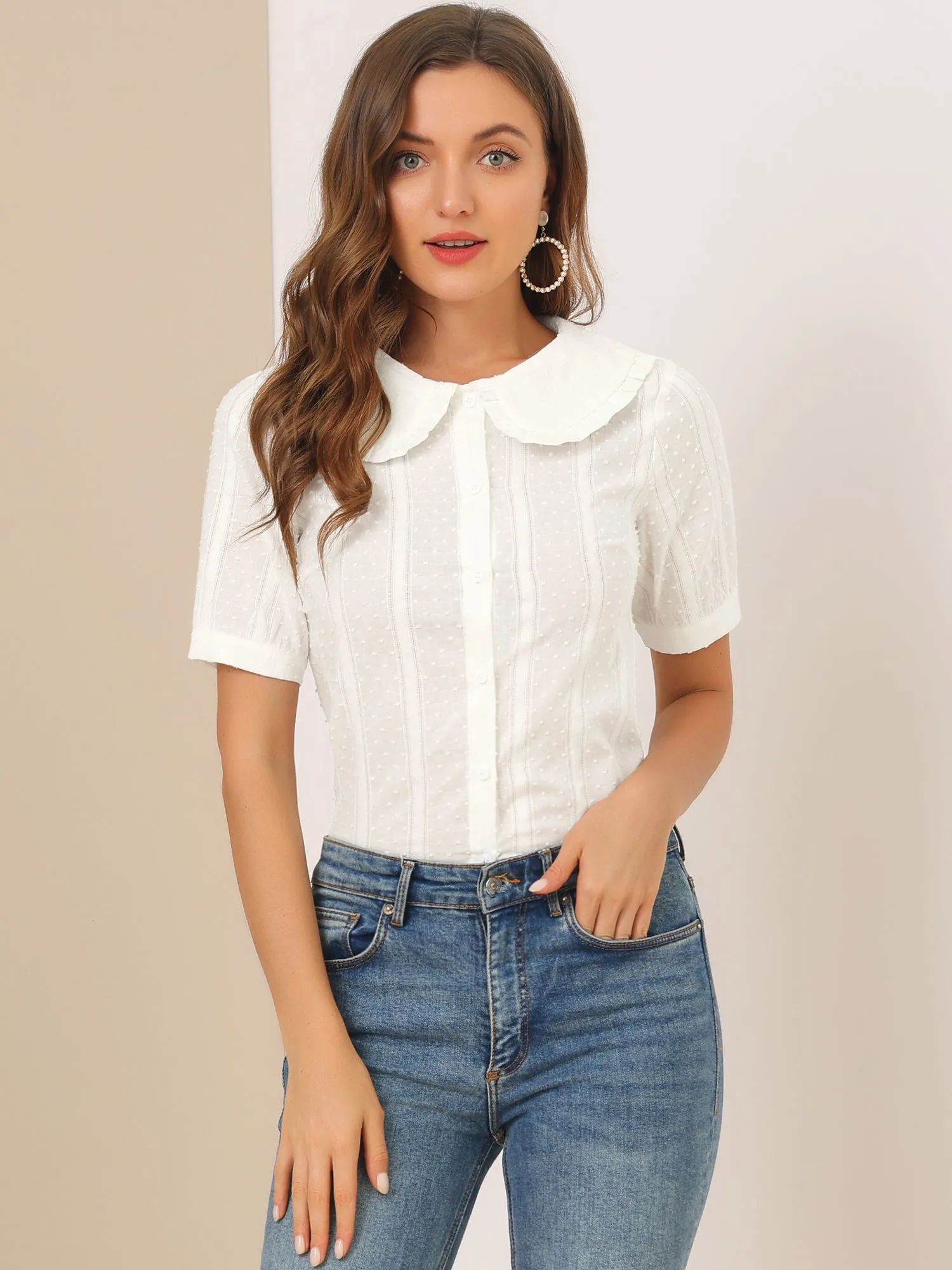 Peter Pan Collar Swiss Dots Short Sleeve Button Front Shirt Blouse