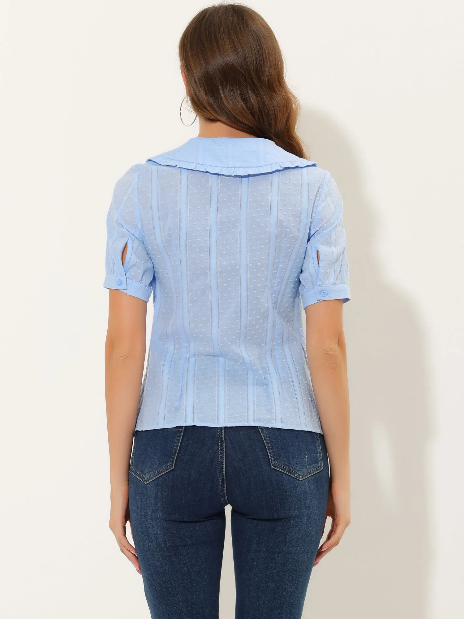 Peter Pan Collar Swiss Dots Short Sleeve Button Front Shirt Blouse