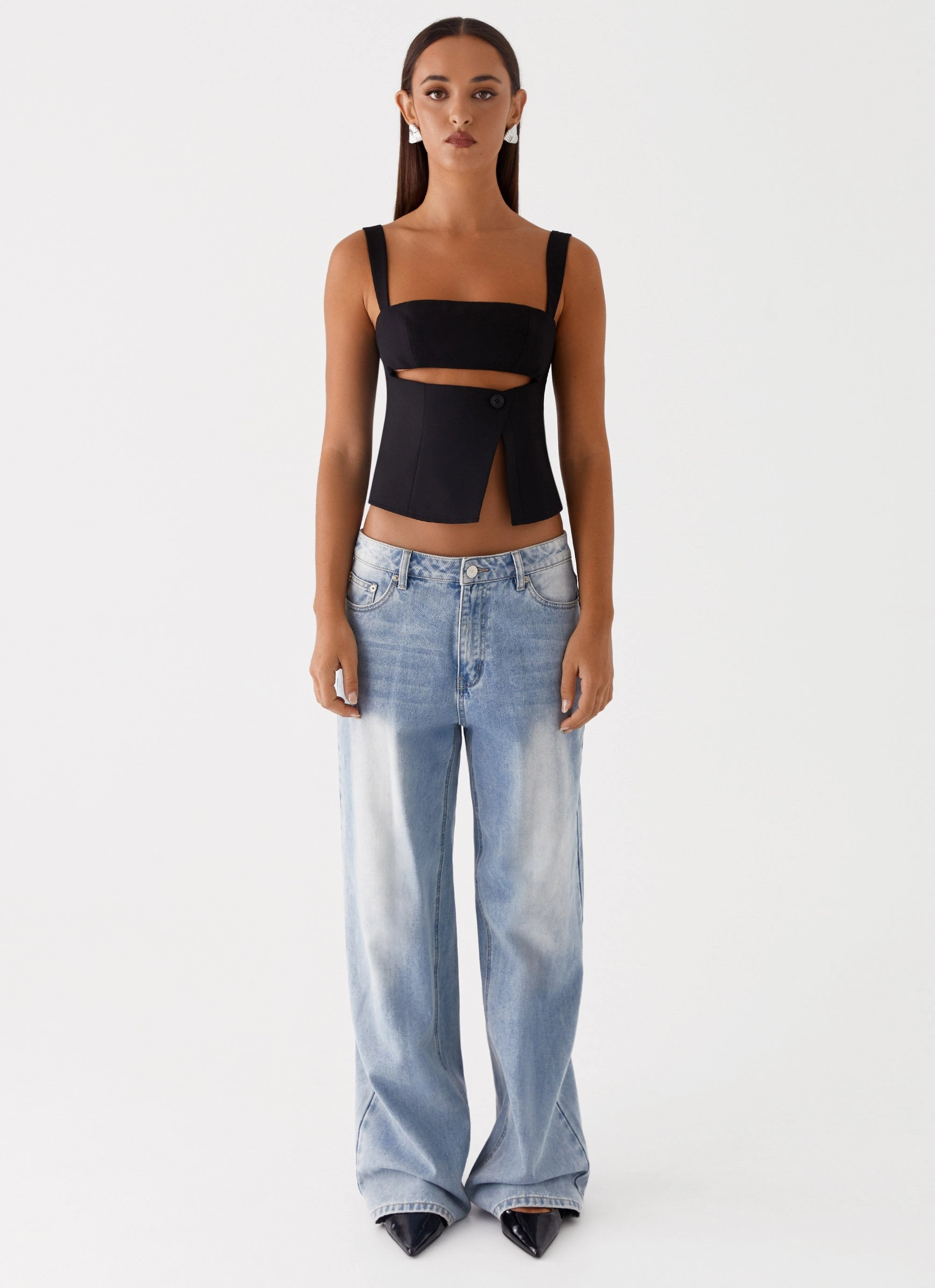 Pia Cut Out Top - Black Tailored Placket MinimalistCut