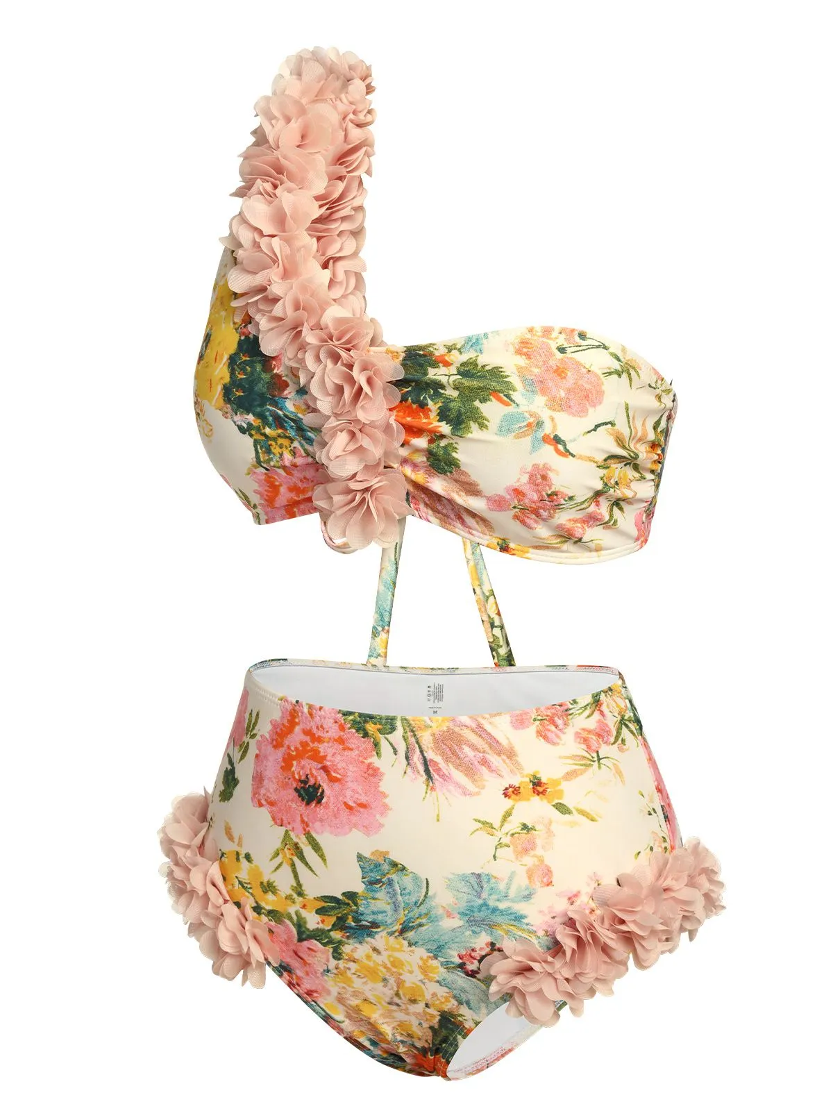 Pink 1950s 3D Lace Floral One-Shoulder Swimsuit