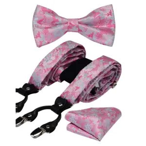 Pink & Silver Floral Matching Bowtie & Suspenders Set (4pc)