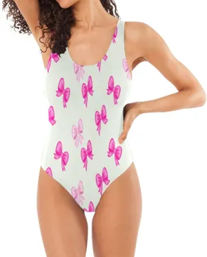 Pink Bows Pastel Women's One-Piece Swimsuit, Women Tummy Control Swimwear, One-Piece Swimsuit with Padding