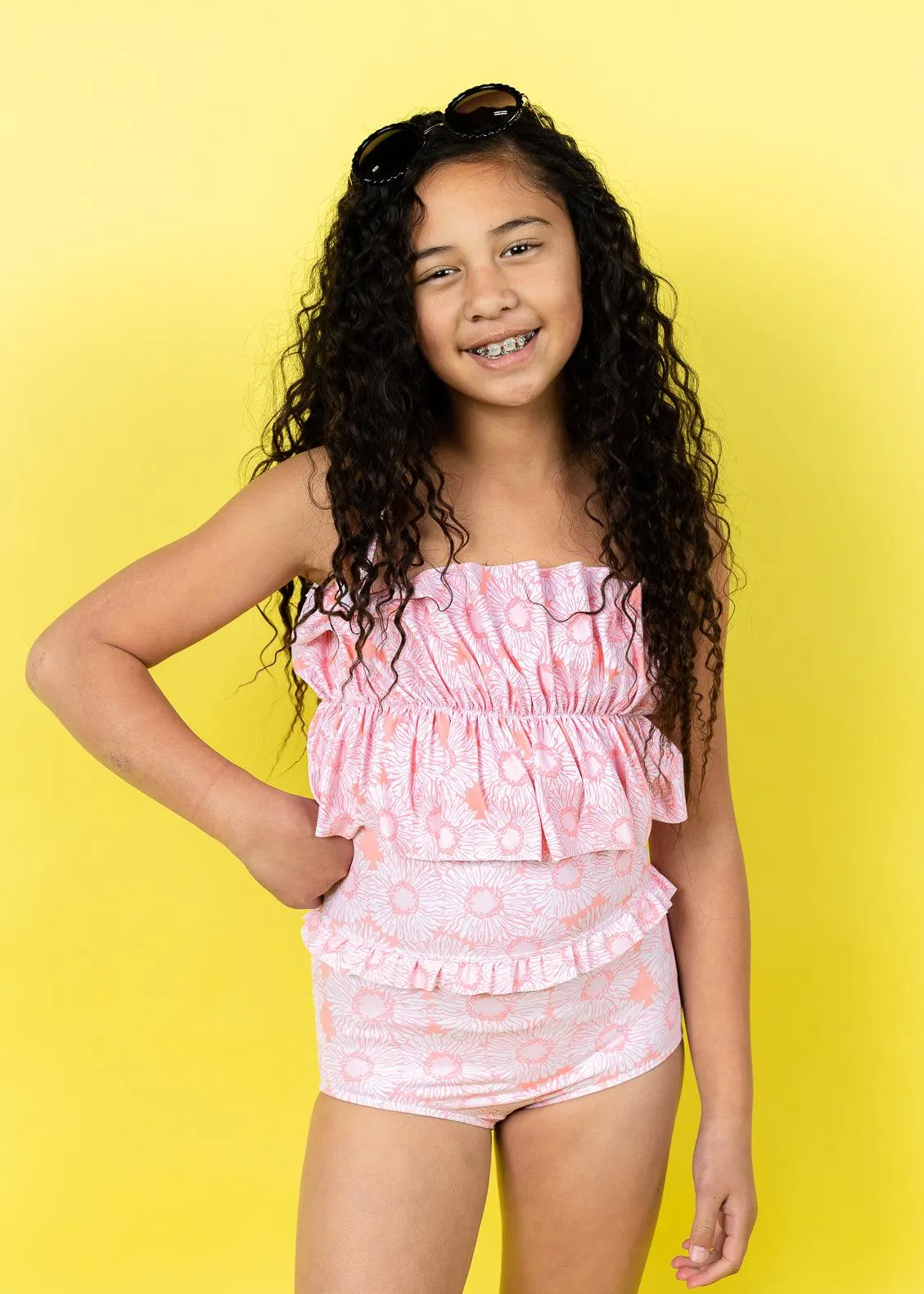 Pink Daisies | Youth Oversized Ruffle Top
