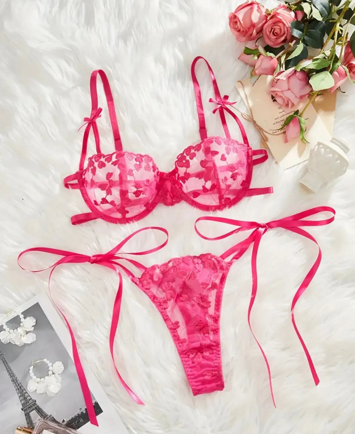 Pink Lingerie Heart Bow Strap Set