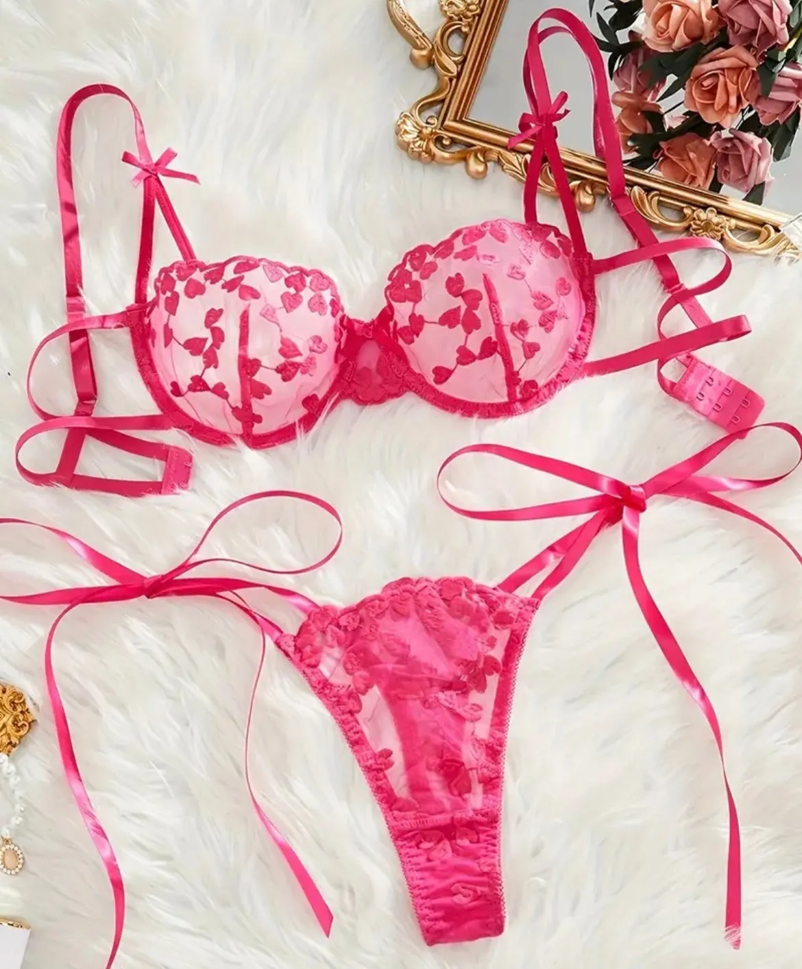 Pink Lingerie Heart Bow Strap Set