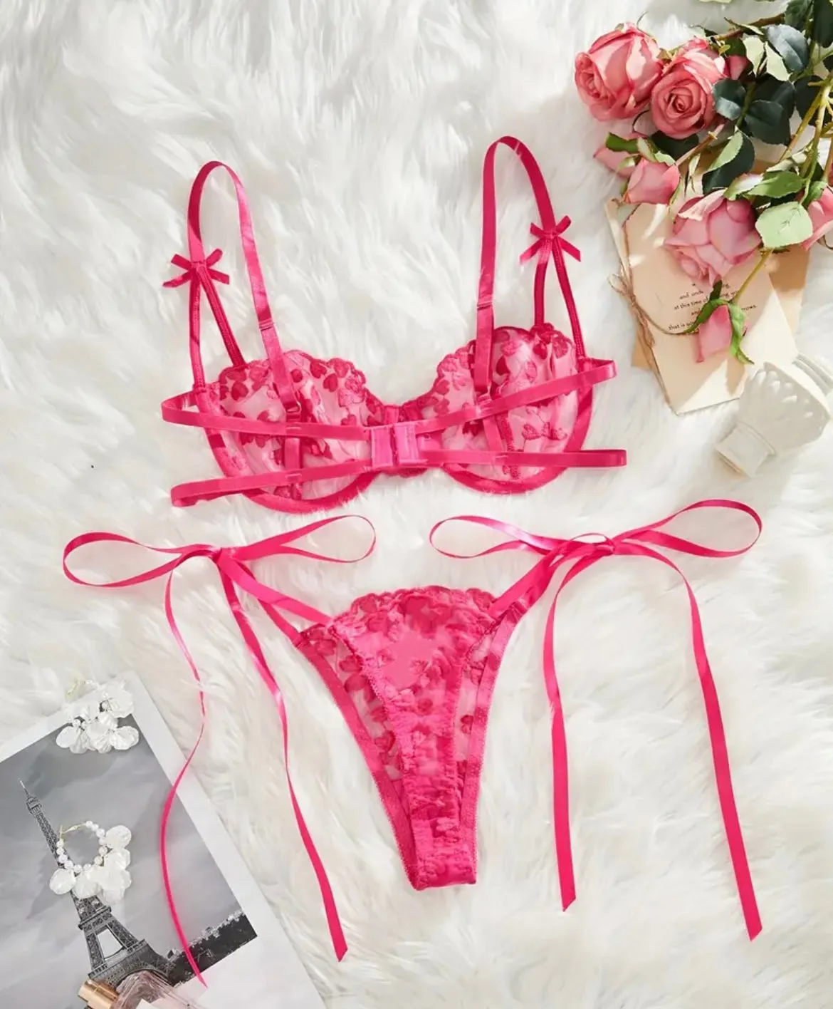 Pink Lingerie Heart Bow Strap Set