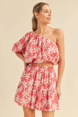 Pink Plumeria Floral One Shoulder Top And Skirt Set