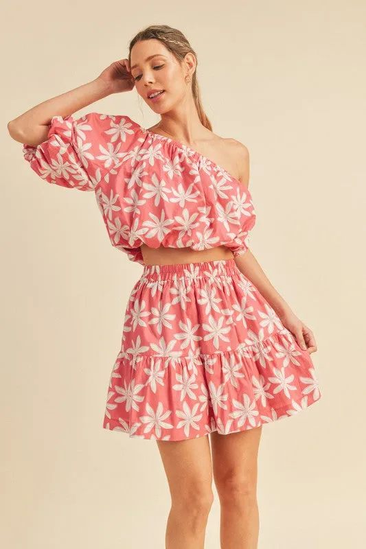 Pink Plumeria Floral One Shoulder Top And Skirt Set